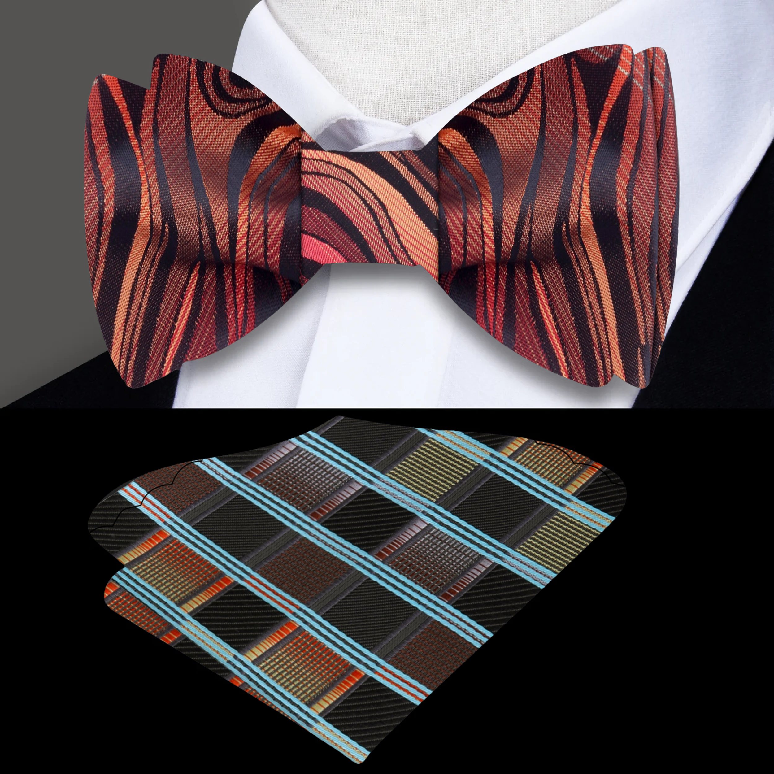 Close-up of abstract flame pattern on silk self-tie bow tie in orange and grey