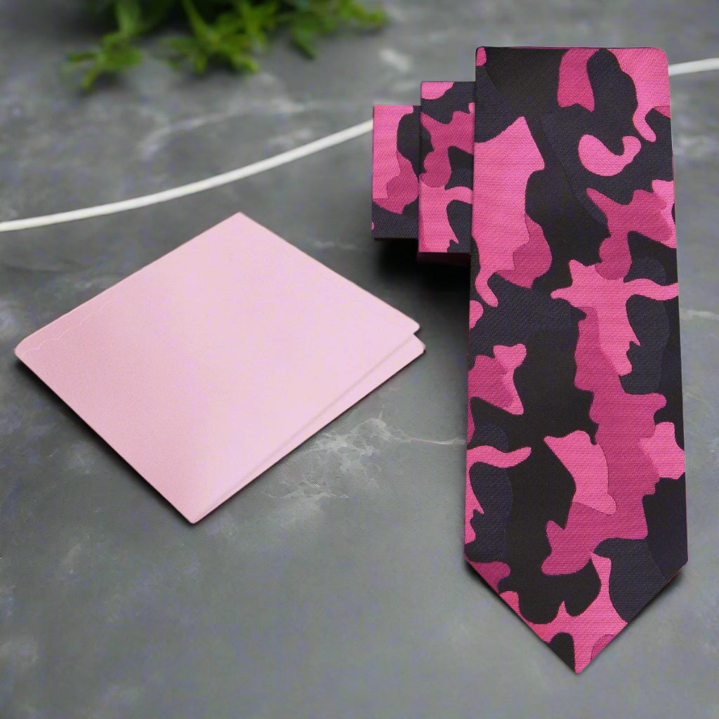 Close-up of pink and black camouflage fleck silk necktie for formal wear
