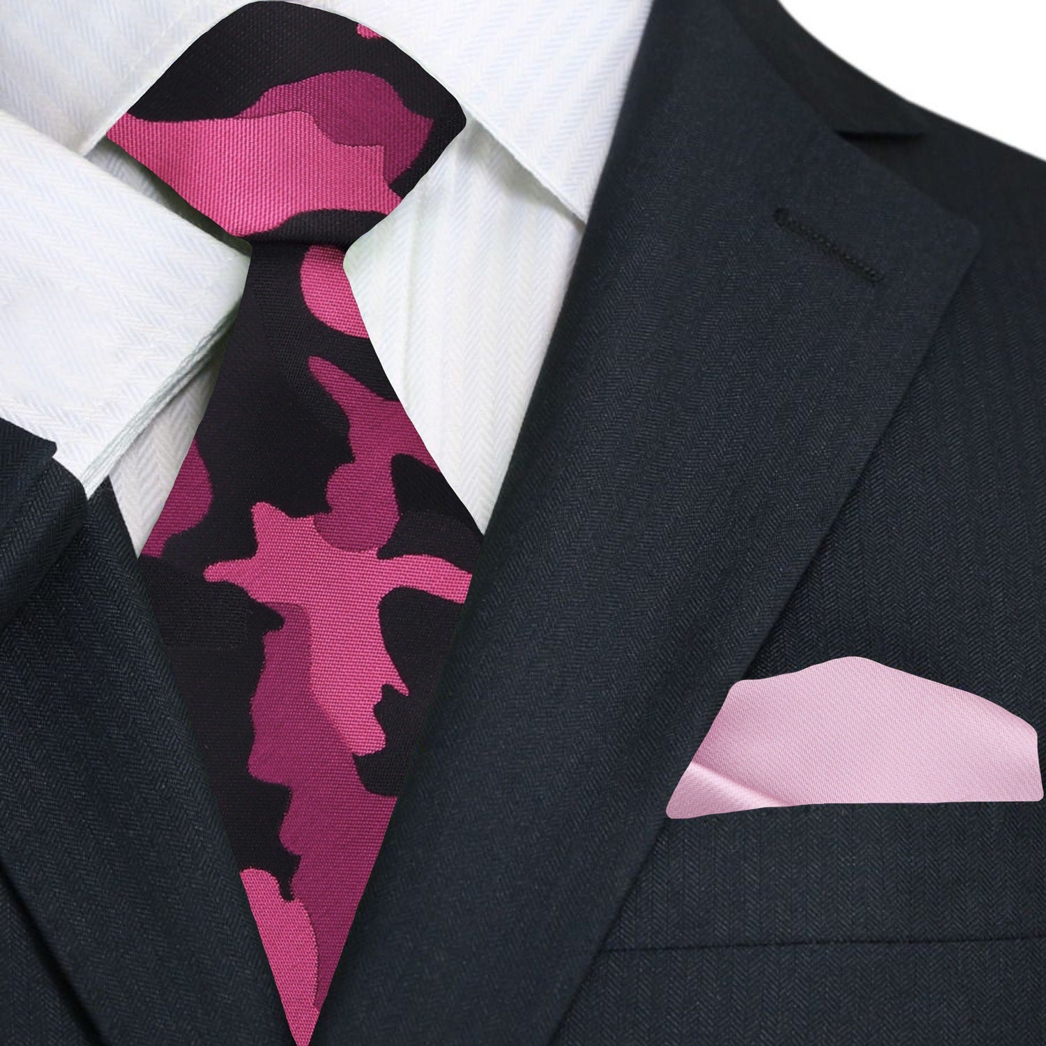 Man wearing stylish camouflage tie at a wedding reception