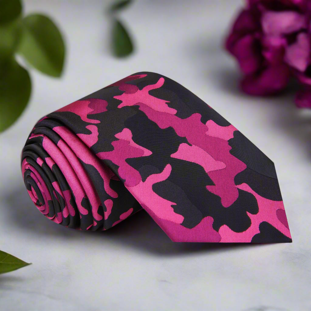 Close-up of pink and black camouflage fleck silk necktie for formal wear