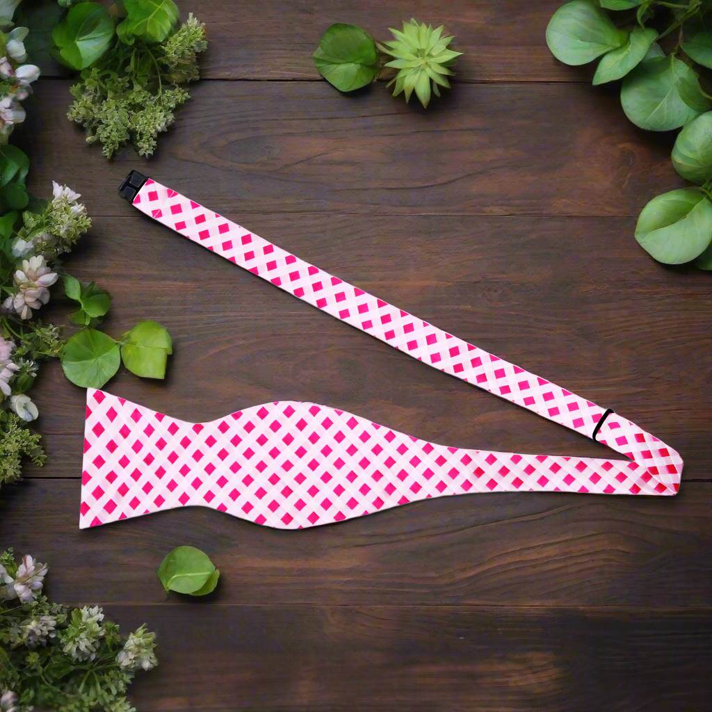 Close-up of the adjustable neck strap on a light purple silk bow tie for perfect fit