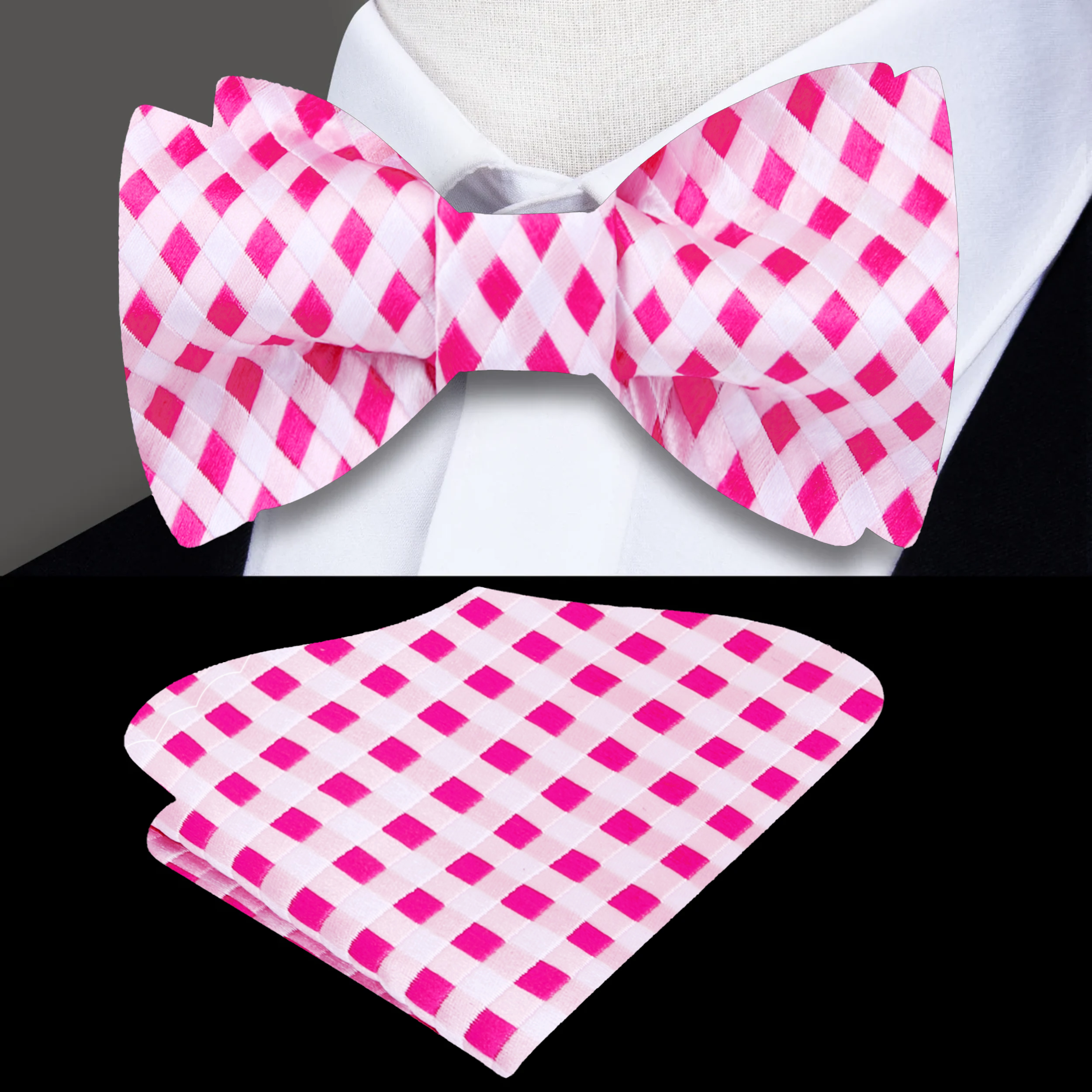 Man tying a self-tie bow tie in a formal setting, showcasing the elegant silk fabric