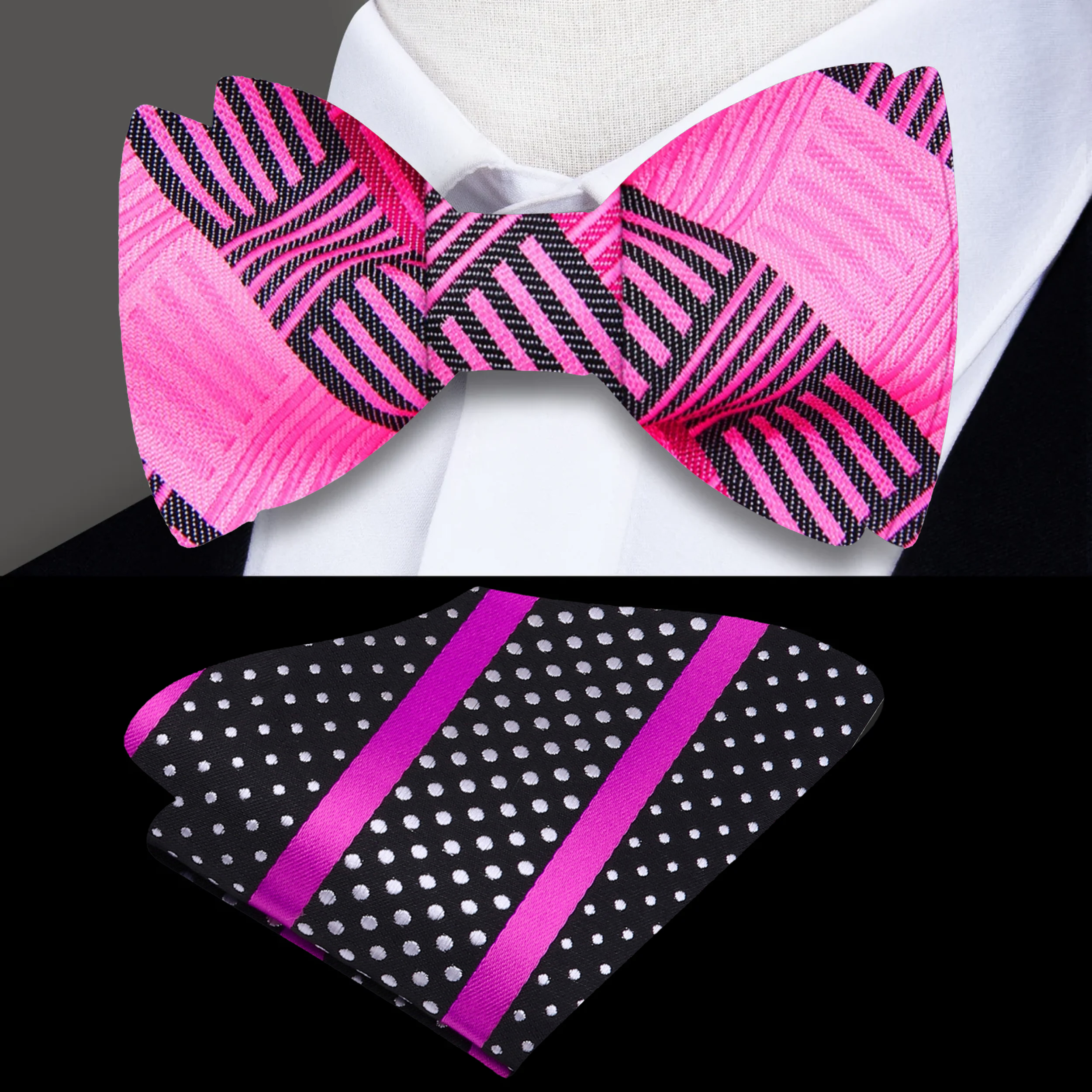 Front view of the Element Geometric Silk Bow Tie in pink with pattern details