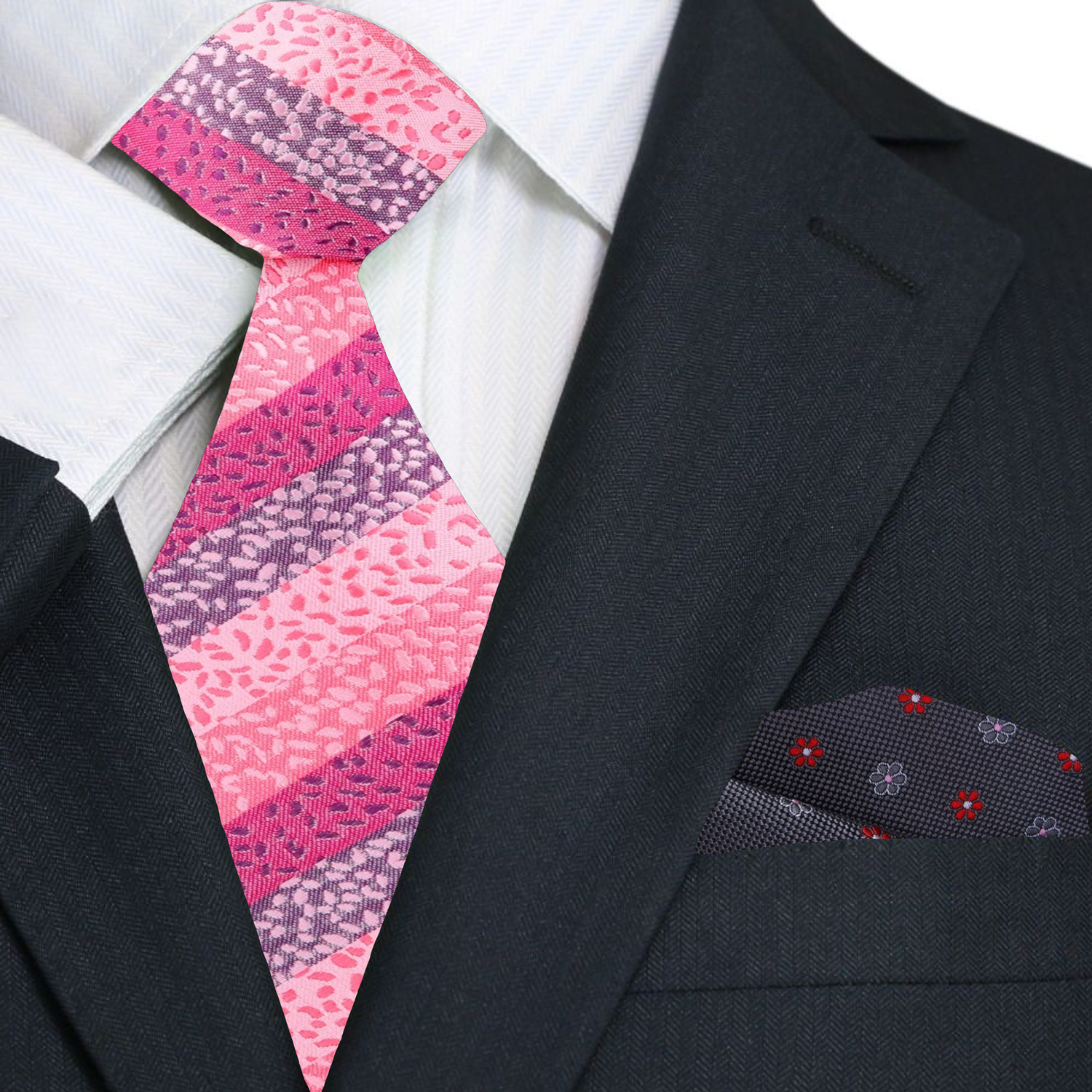 Close-up of the stylish striped tie, showcasing its texture and vibrant colors.