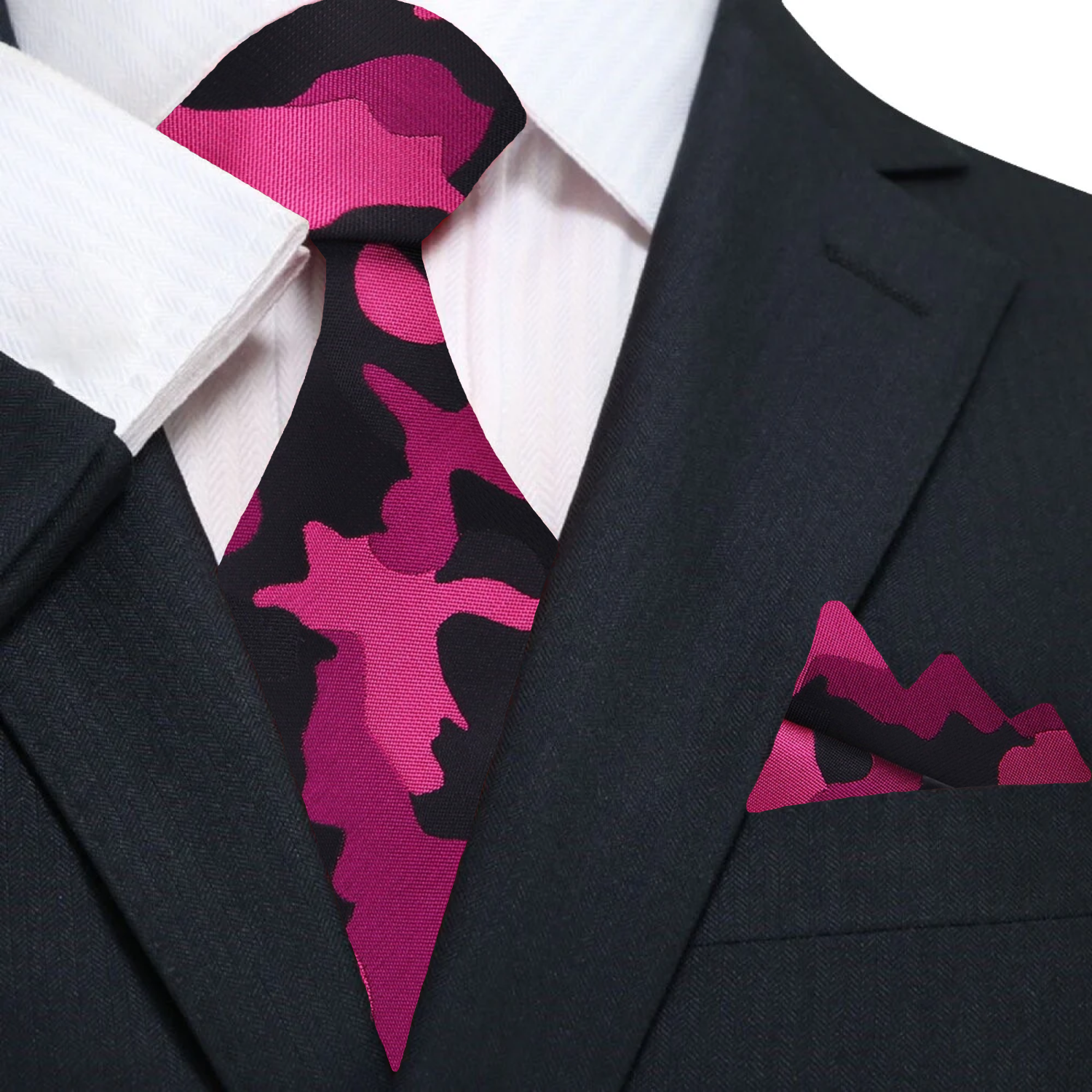 Complete outfit featuring the camouflage necktie paired with a matching pocket square and an olive green suit.
