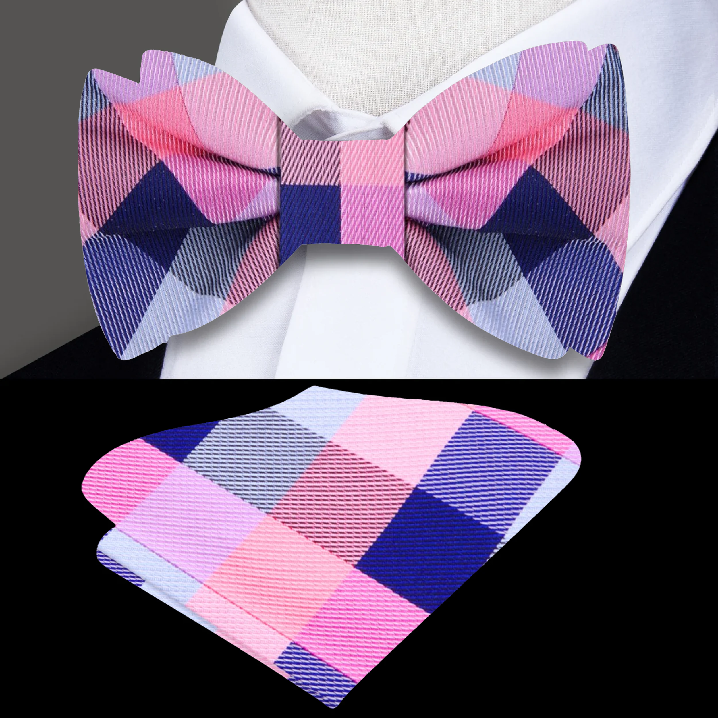 Men’s accessories featuring a vibrant buffalo check bow tie paired with a white dress shirt