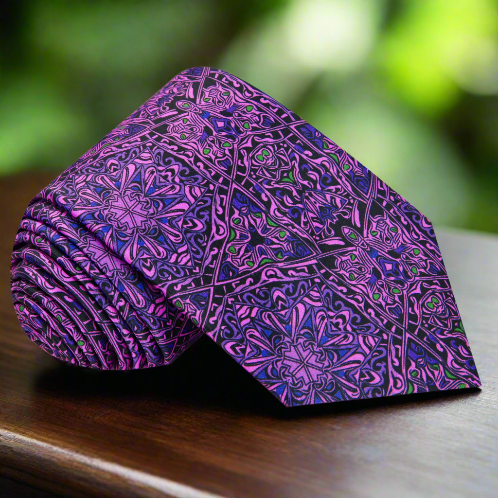Elegant purple silk necktie with abstract patterns, perfect for weddings.