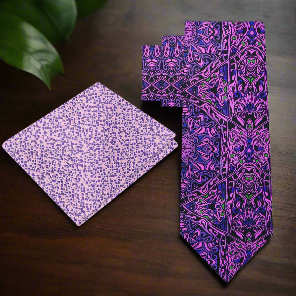 Elegant purple silk necktie with abstract patterns, perfect for weddings.