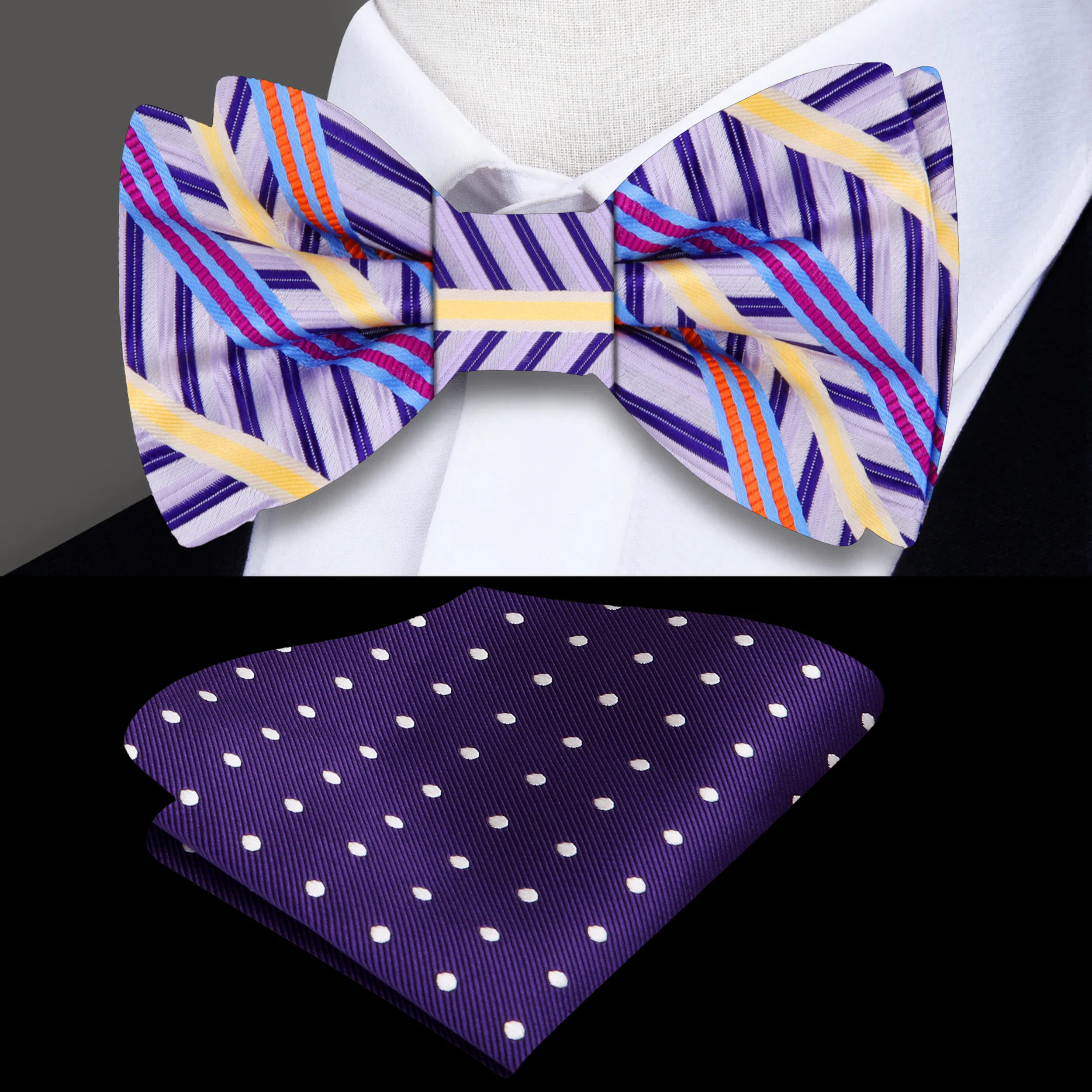Front view of El Segundo striped silk self-tie bow tie in purple and yellow tones