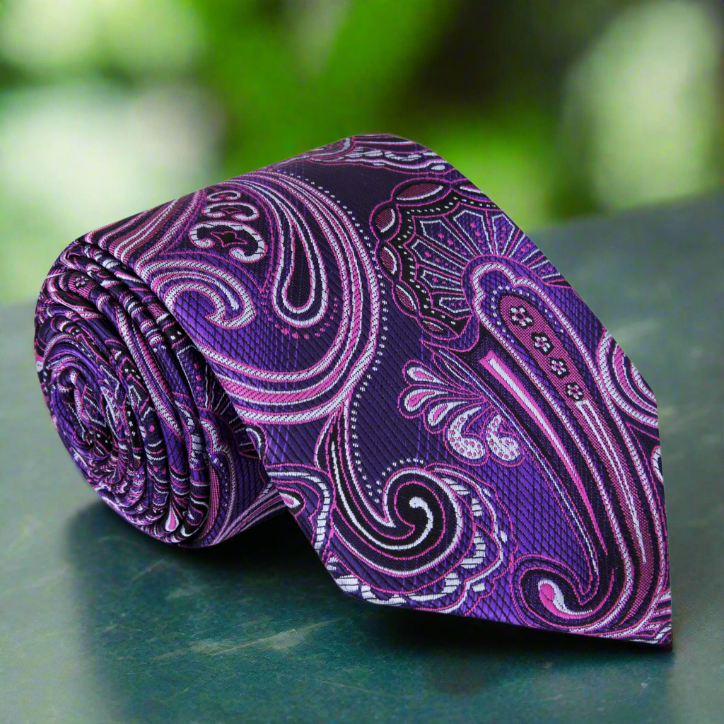 Close-up of the elegant purple paisley silk necktie highlighting its intricate design.