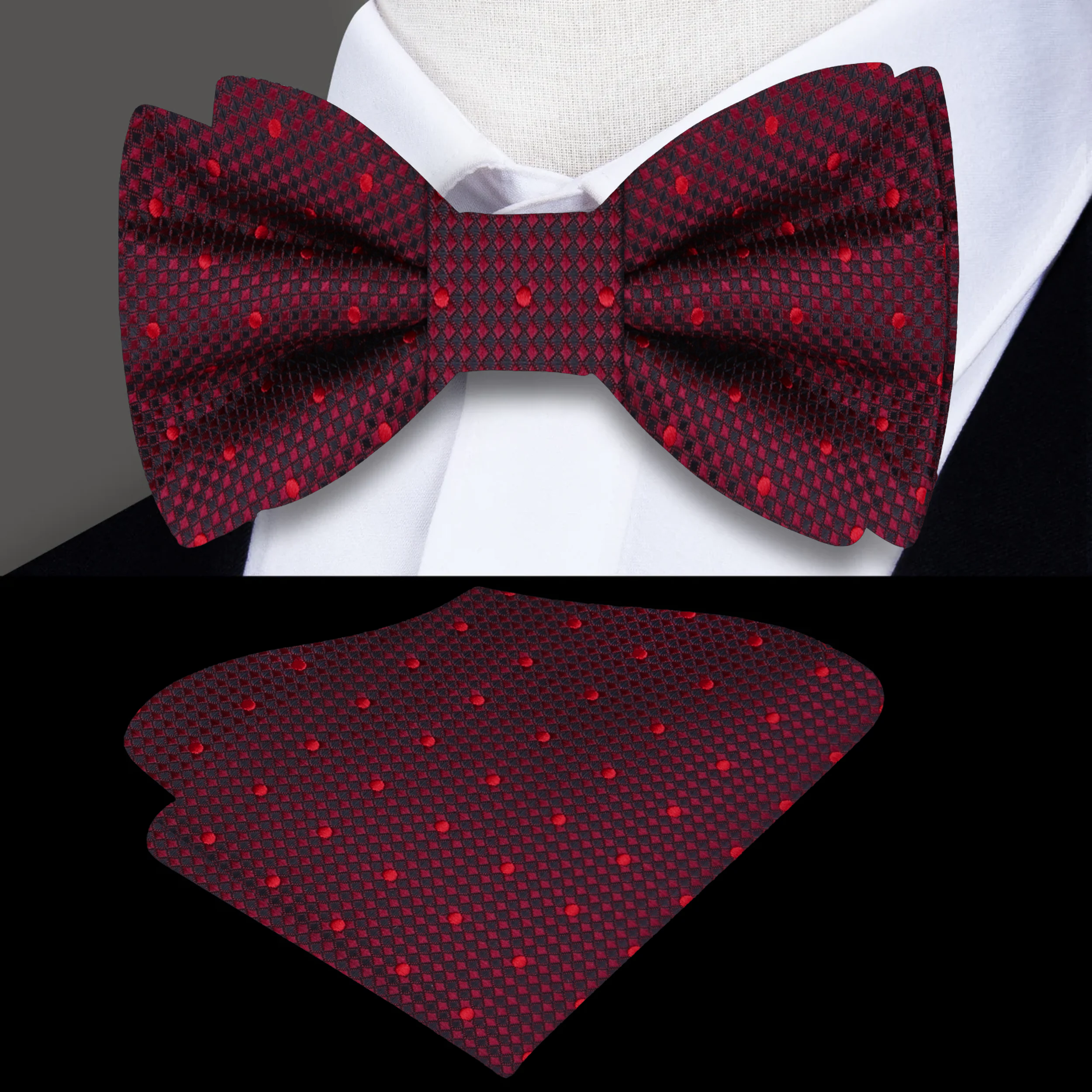 Close-up of dark red polka dot silk bow tie on a groom