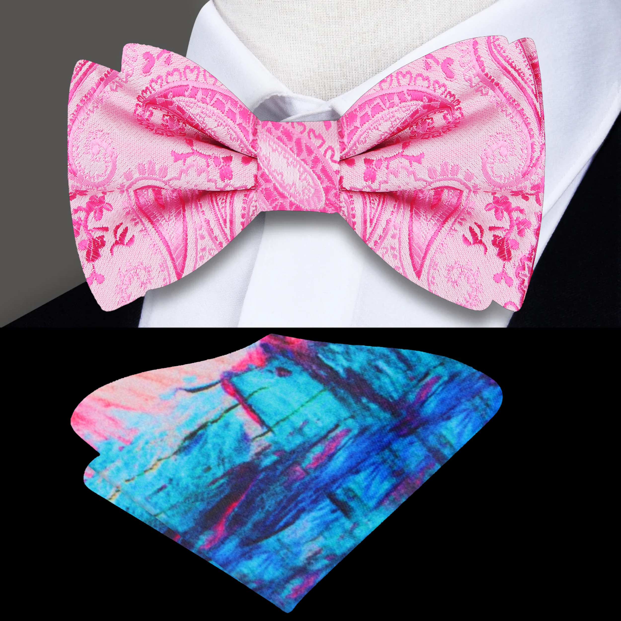 Vibrant Pink Paisley Silk Bow Tie displayed on a white background, showcasing the intricate paisley design.