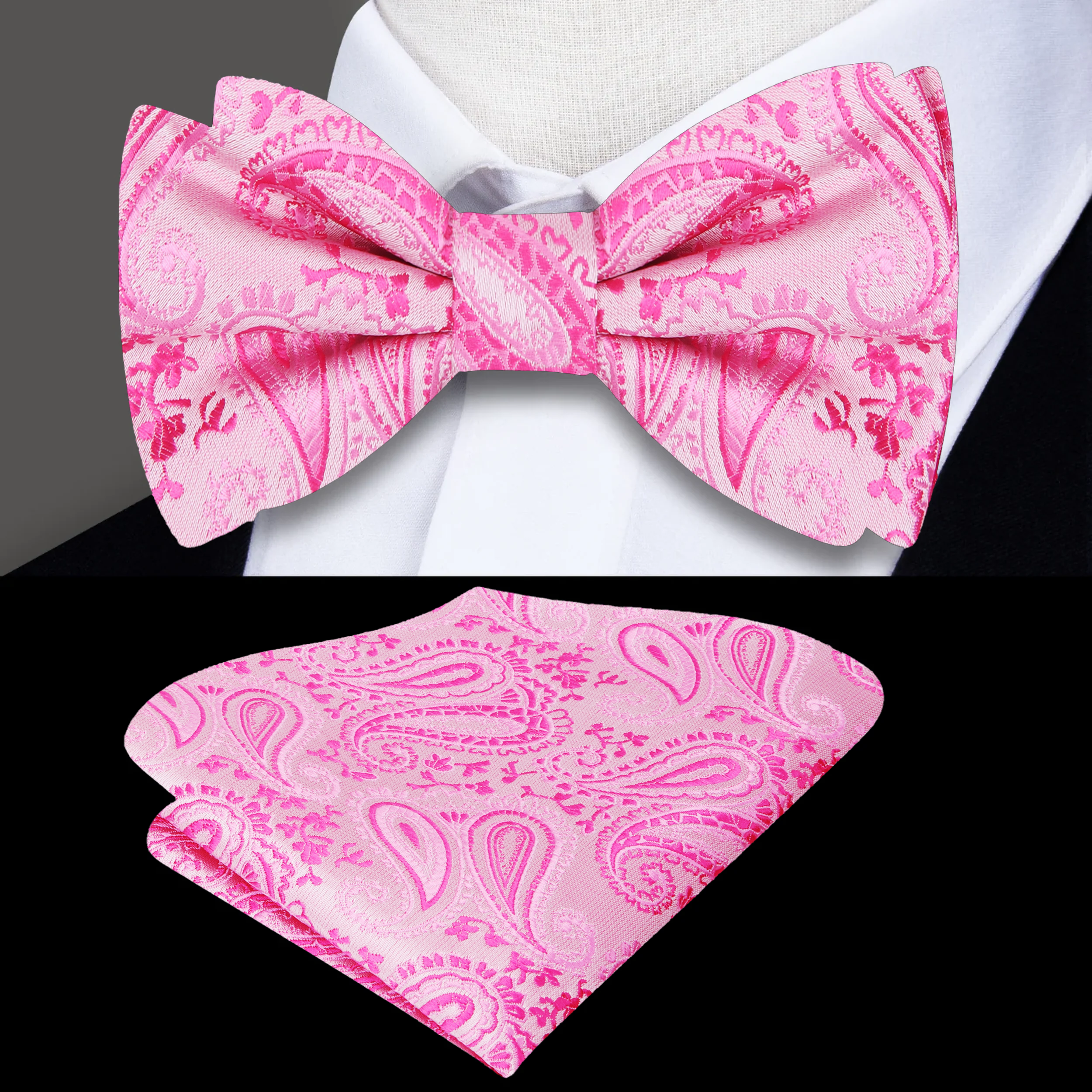 Vibrant Pink Paisley Silk Bow Tie paired with a matching pocket square on a navy suit, highlighting elegance.