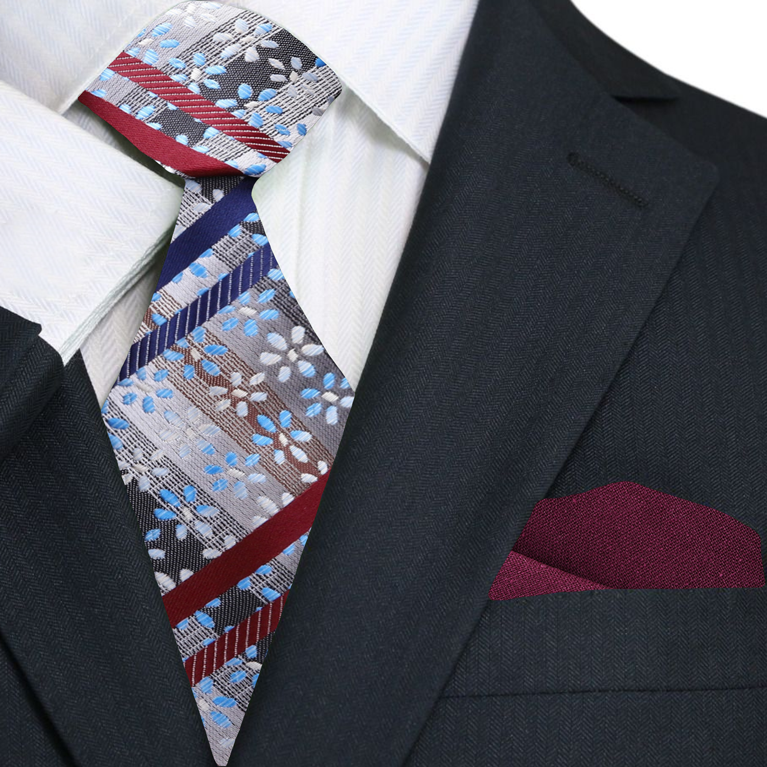 Namje necktie styled with a crisp white shirt and grey pinstripe suit.