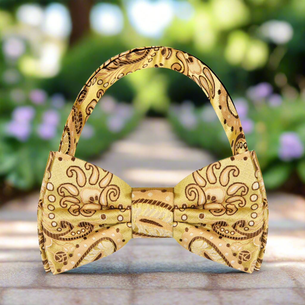 Stylish mens accessories for weddings featuring a light yellow paisley bow tie