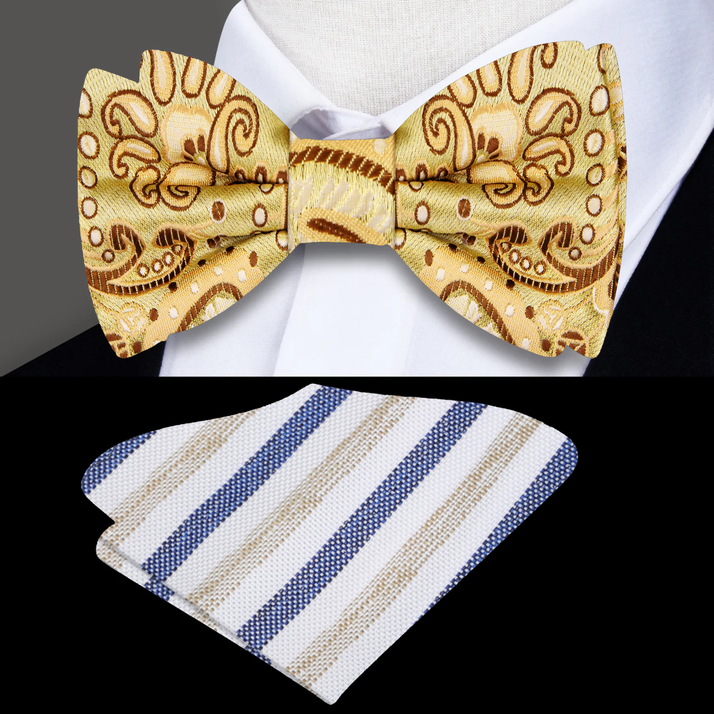 Elegant light yellow paisley bow tie worn with a white dress shirt for a formal event