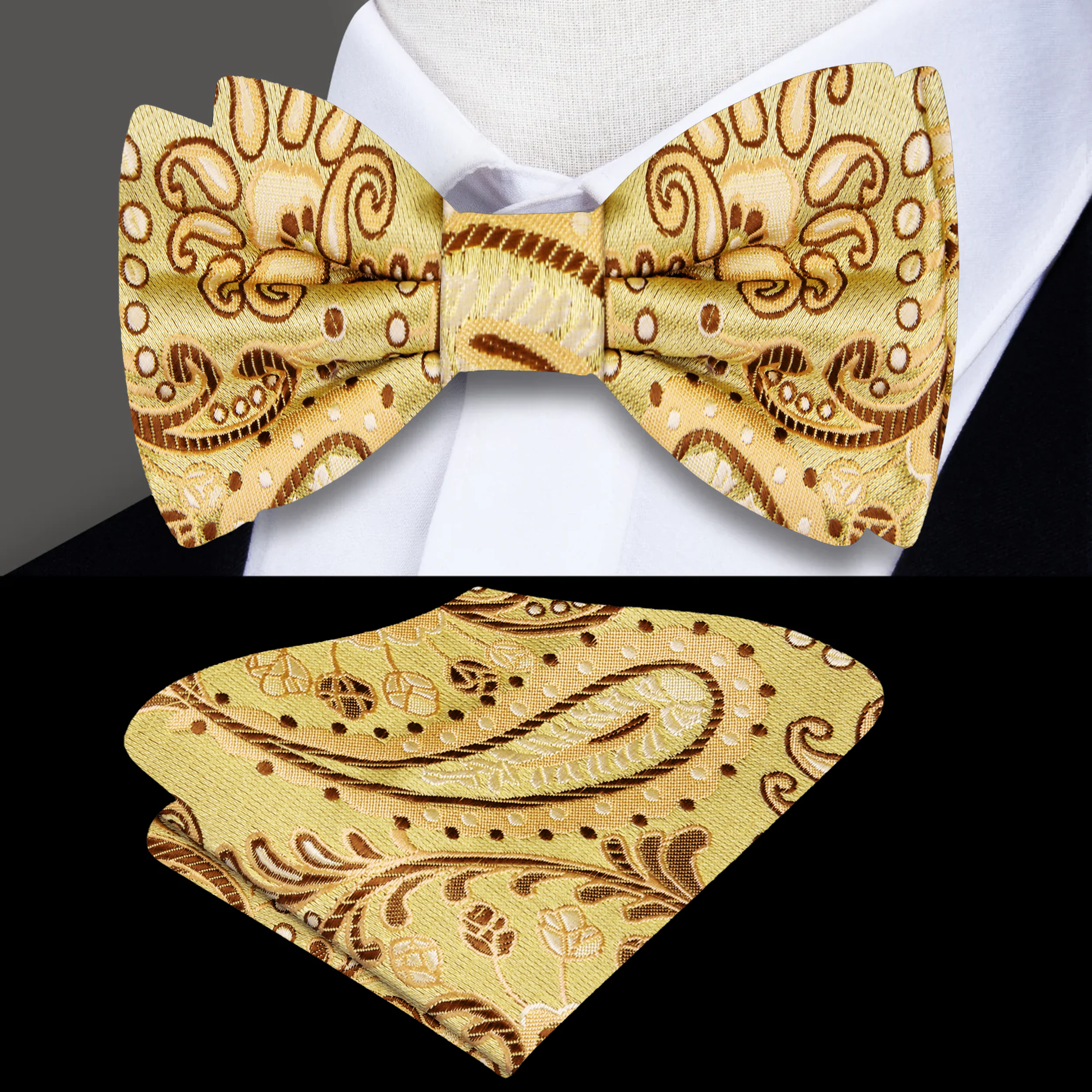 Close-up of the intricate brown paisley pattern on the bow tie