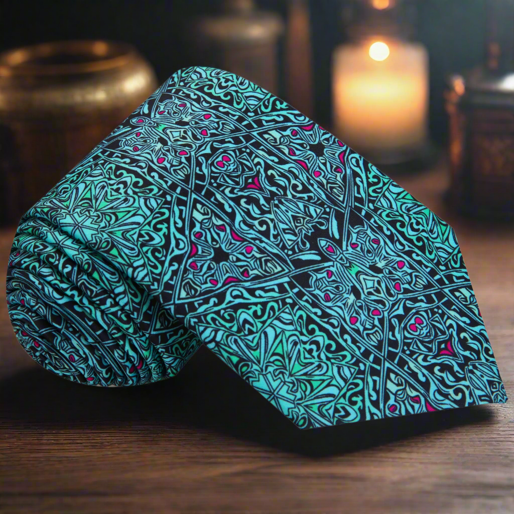 Artisan Abstract Silk Necktie displayed on a wooden table, showcasing its intricate pattern and colors.