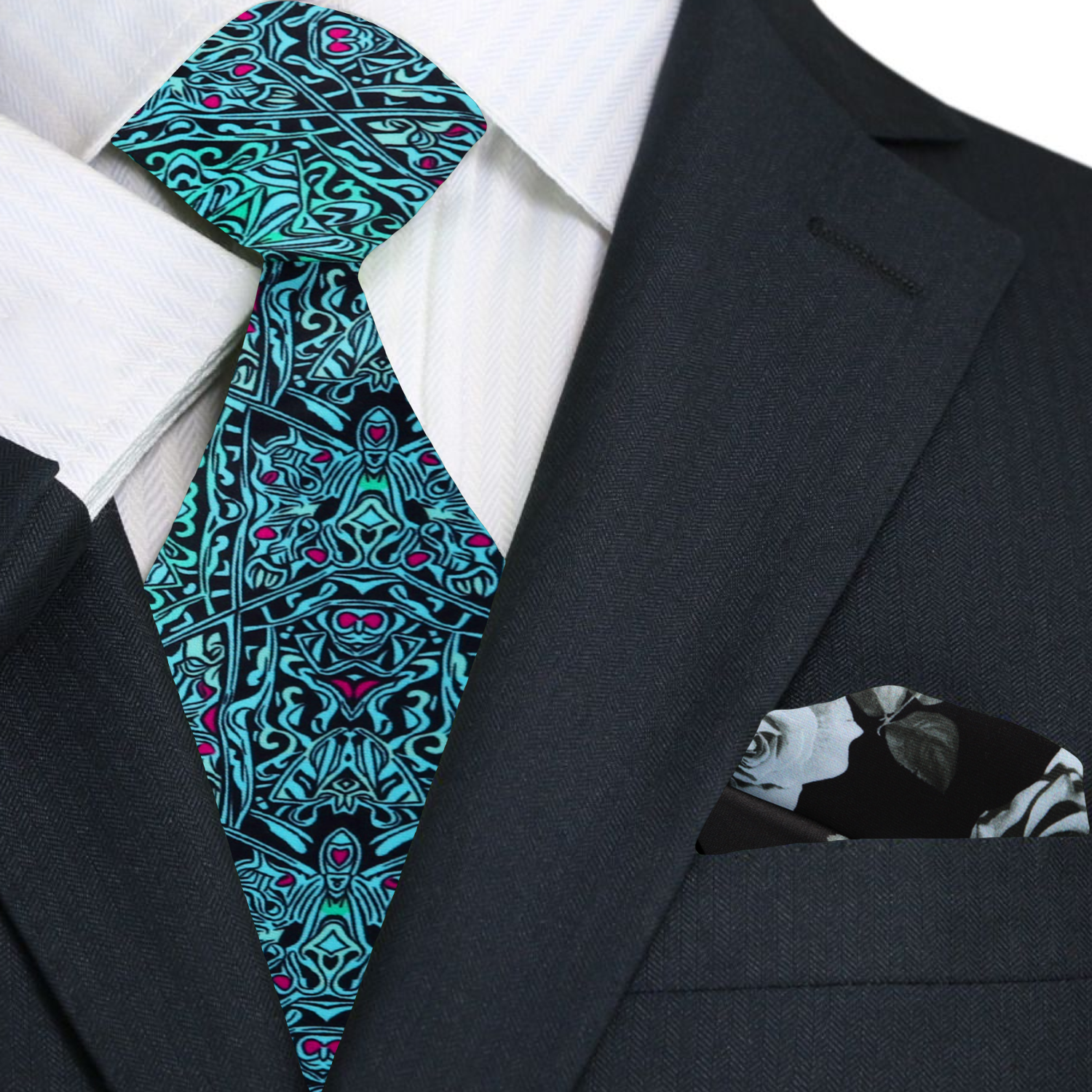 Close-up of the unique abstract pattern of the silk necktie, emphasizing the blend of black, blue, and subtle red.