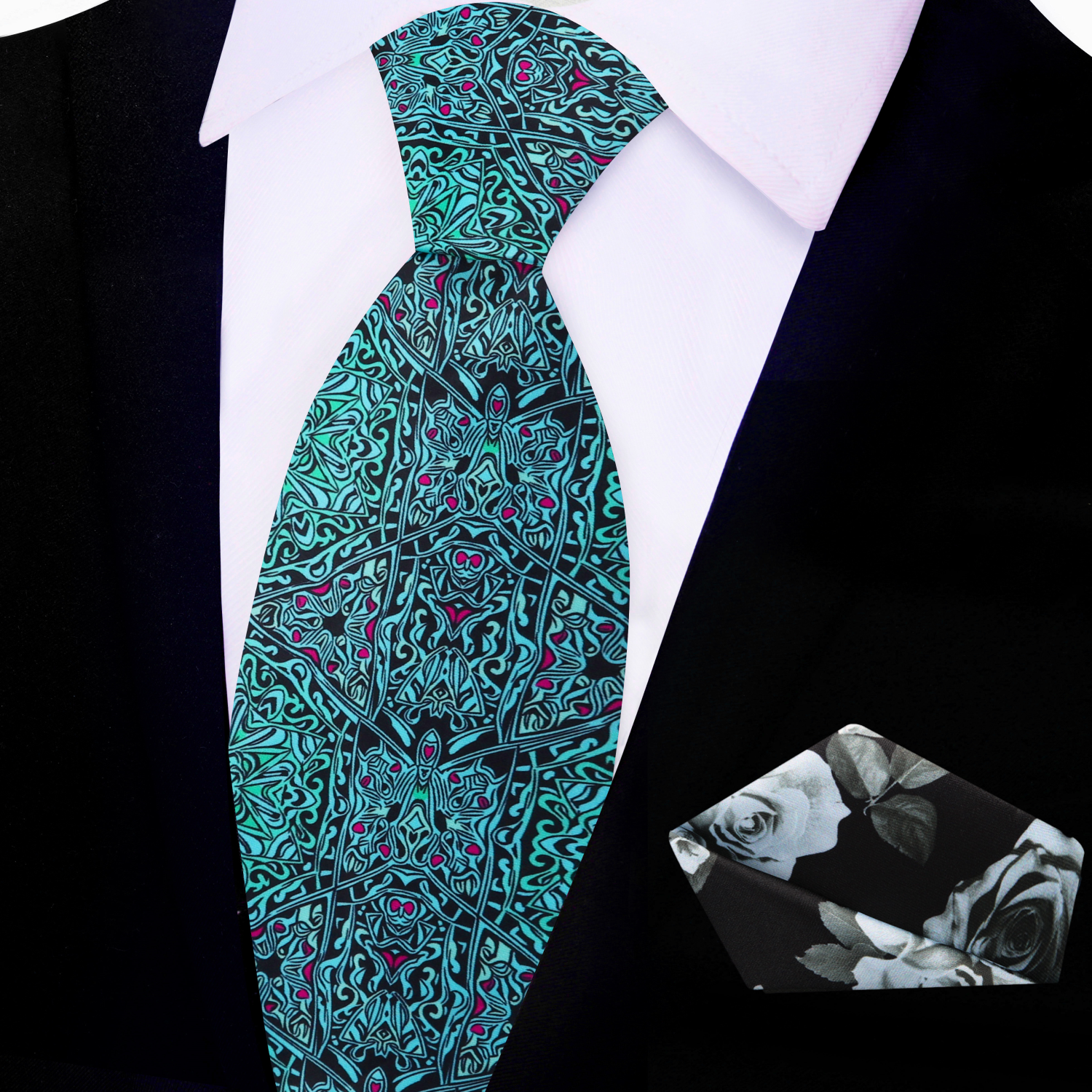 Artisan Abstract Silk Necktie styled with a grey suit, demonstrating its versatility for business meetings.