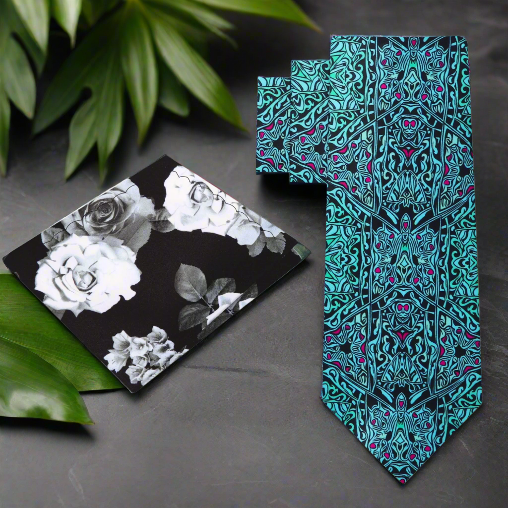 Close-up of the unique abstract pattern of the silk necktie, emphasizing the blend of black, blue, and subtle red.