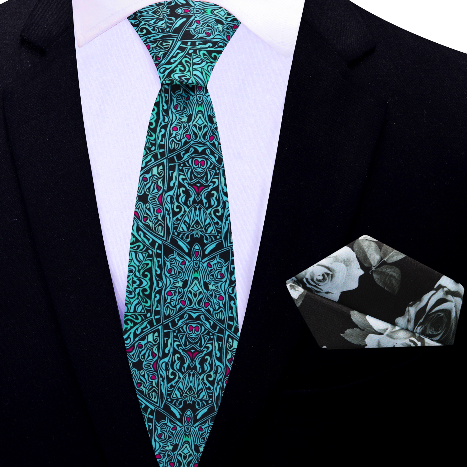 Artisan Abstract Silk Necktie displayed on a wooden table, showcasing its intricate pattern and colors.