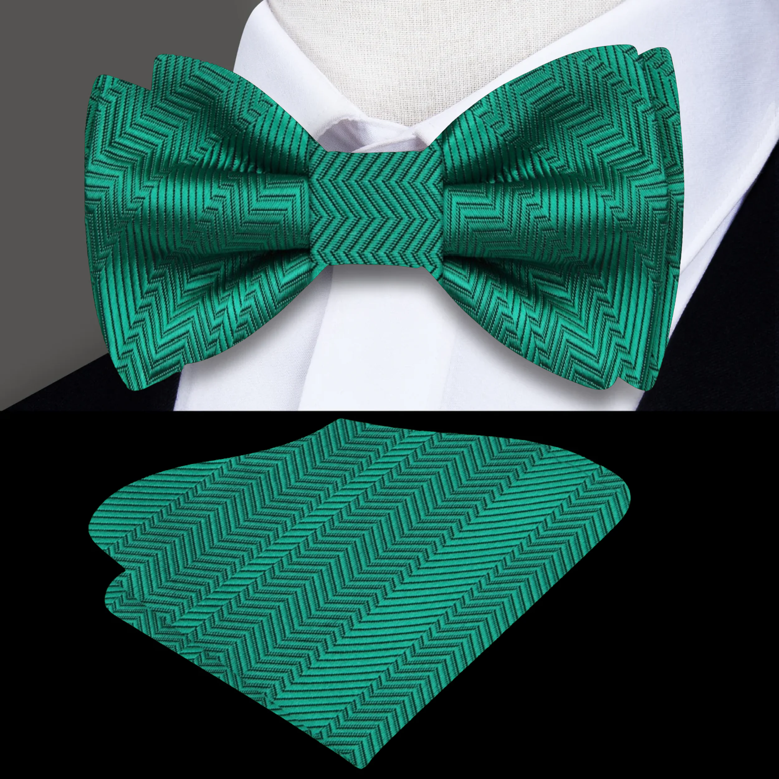 Flat lay of various green bow ties, including shamrock and deep teal, perfect for any formal wear.