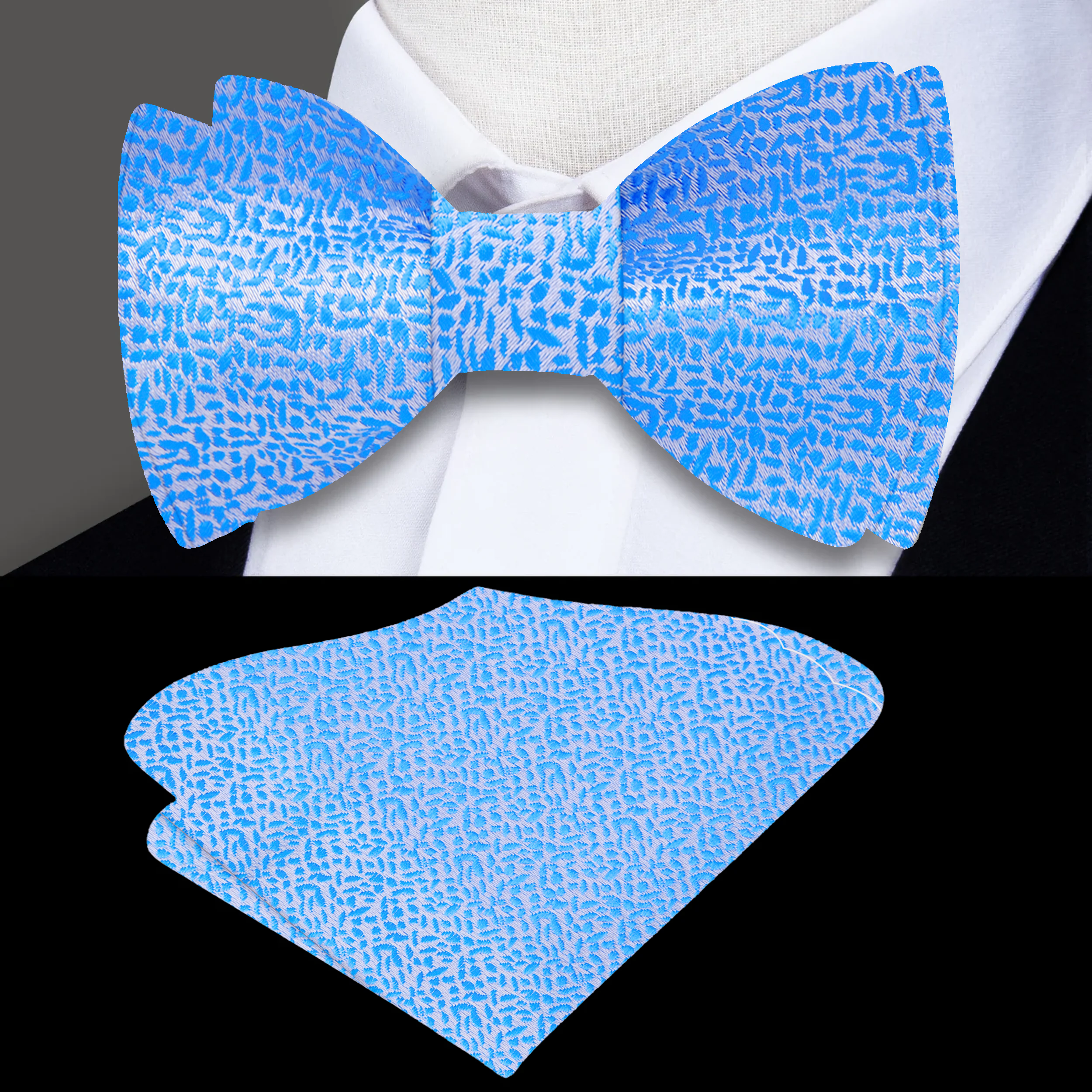 Styled image of a pink textured bow tie paired with a light blue shirt, perfect for outdoor gatherings.
