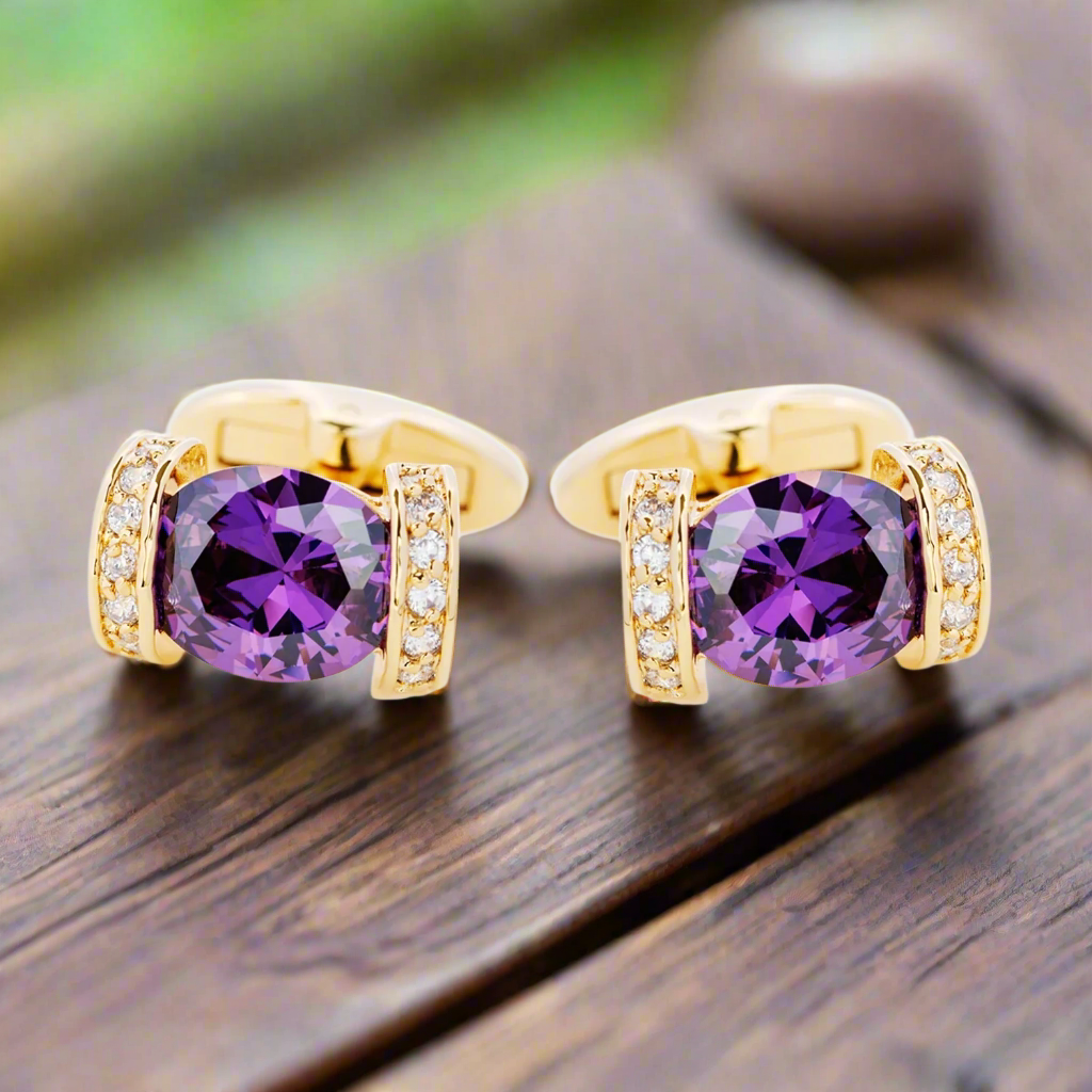 Cufflinks displayed on a tailored white dress shirt, showcasing their vibrant colors and style.