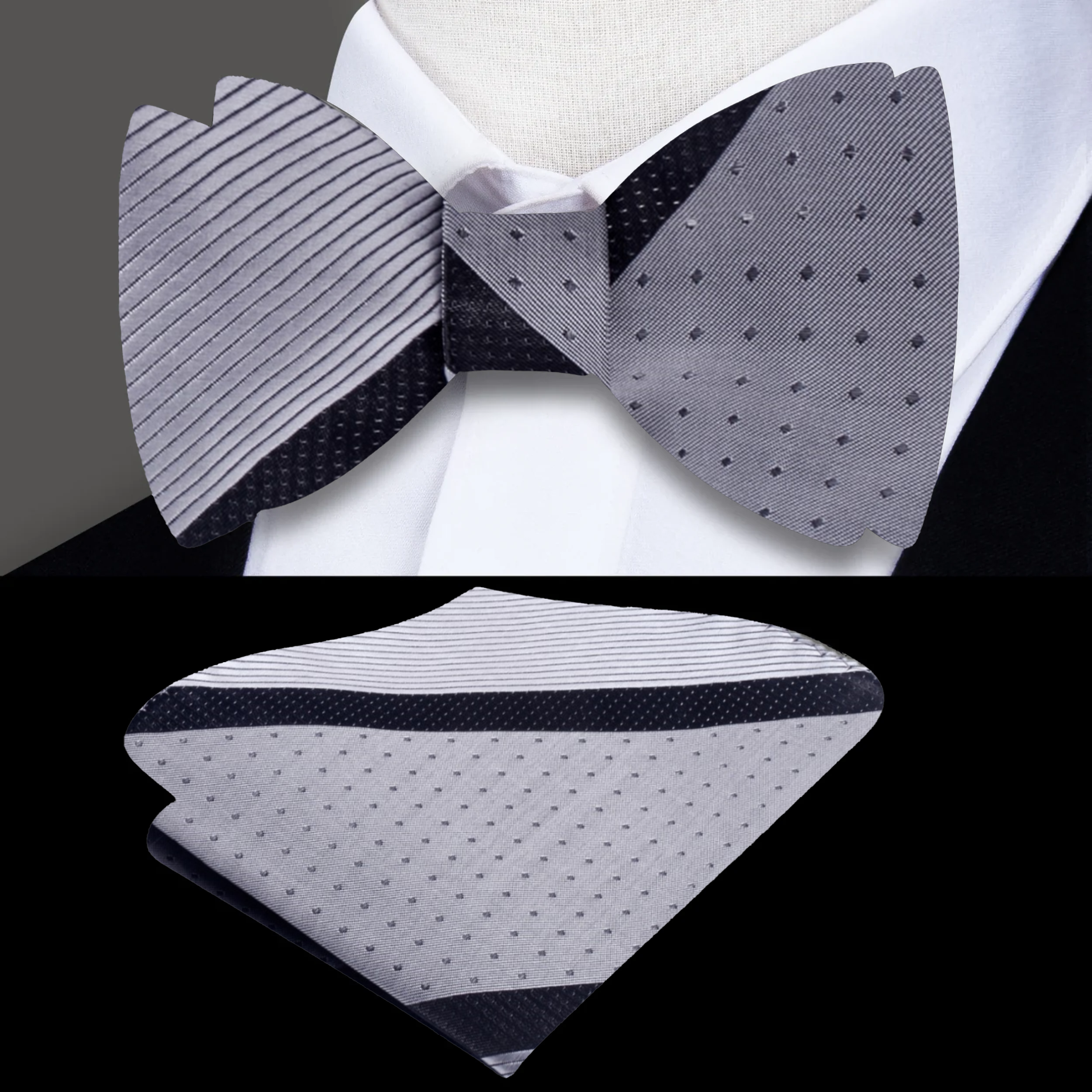 Close-up of silver striped kids bow tie laid flat beside matching pocket square