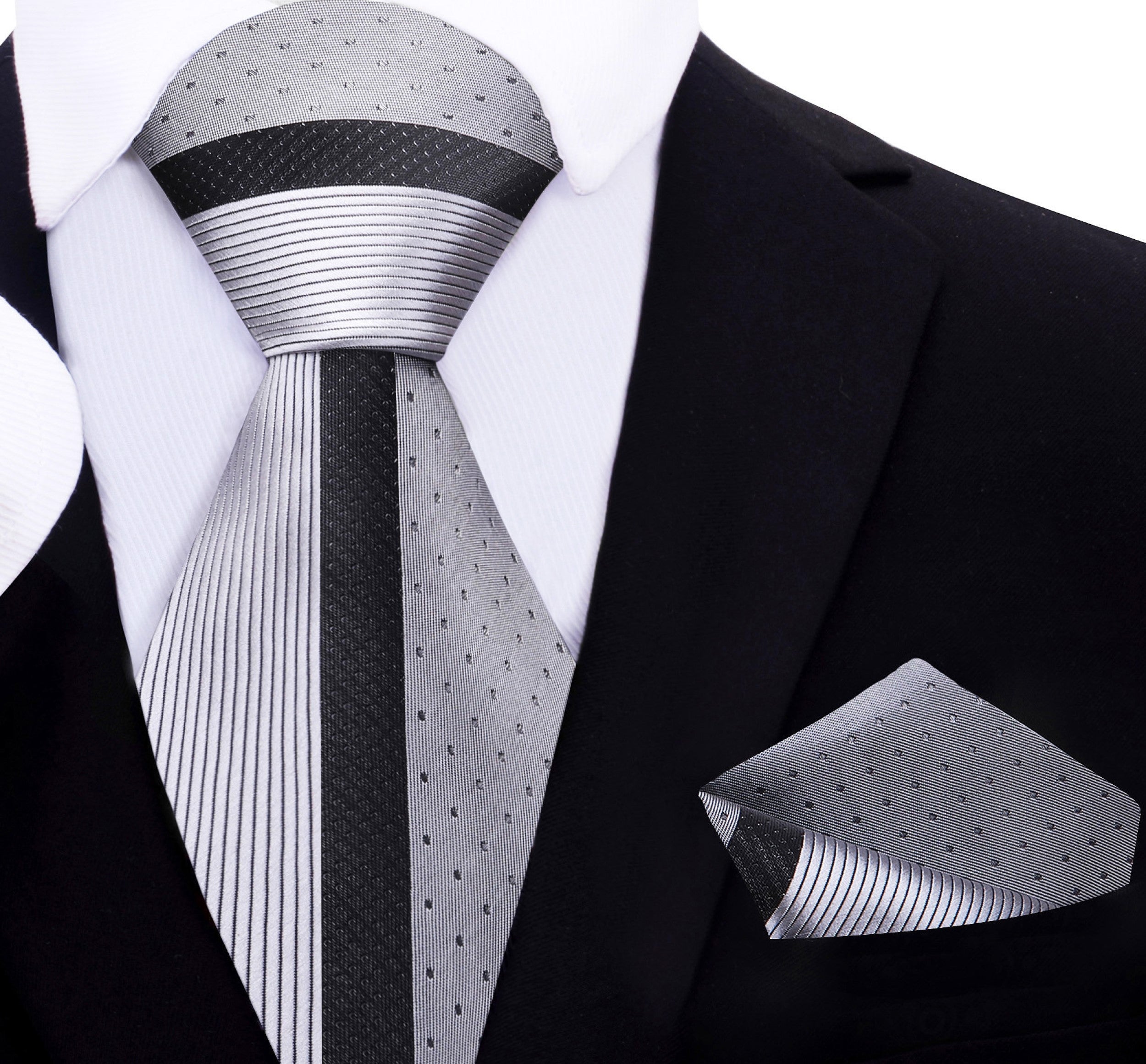 Model wearing the premium mens silk necktie with a charcoal grey suit at a formal event