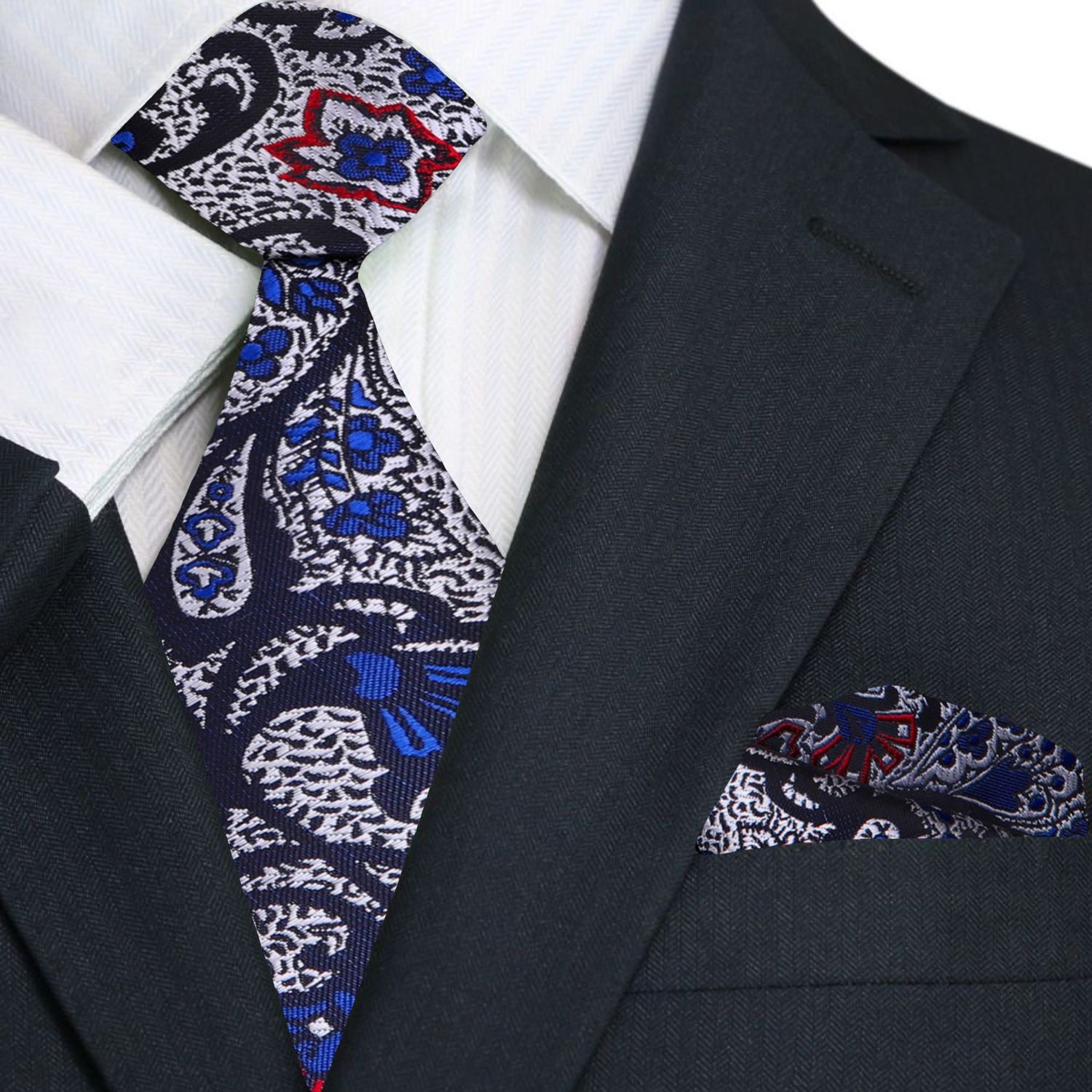 Mens silk paisley tie styled with formal shirt and suit