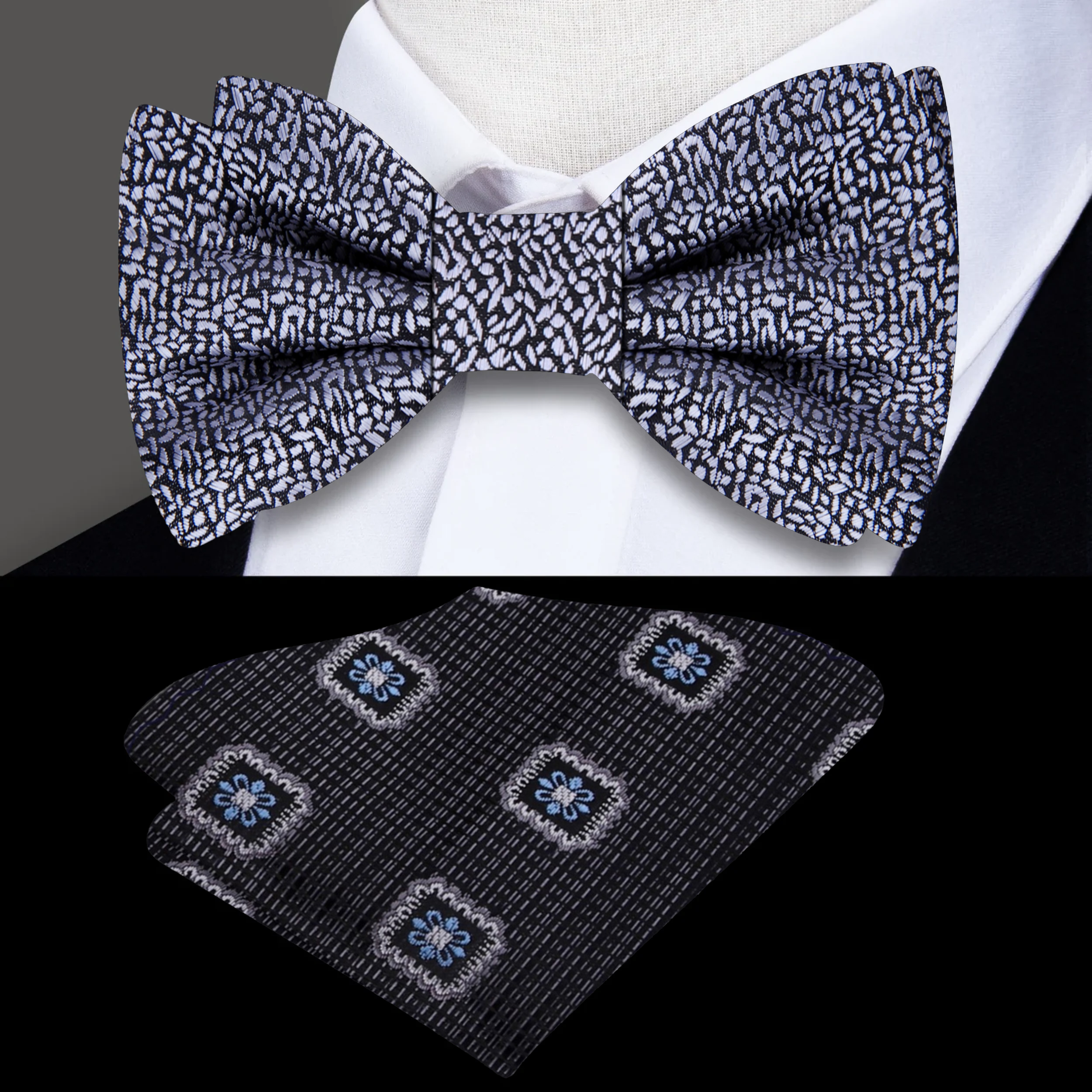 Elegant black textured silk bow tie worn with a tuxedo for a wedding