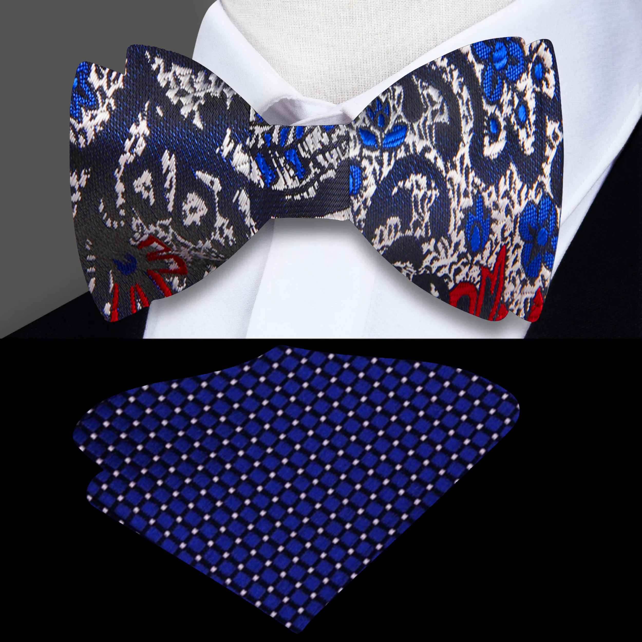 Elegant paisley self-tie bow tie in silver, blue, black, and red, displayed on a mannequin.