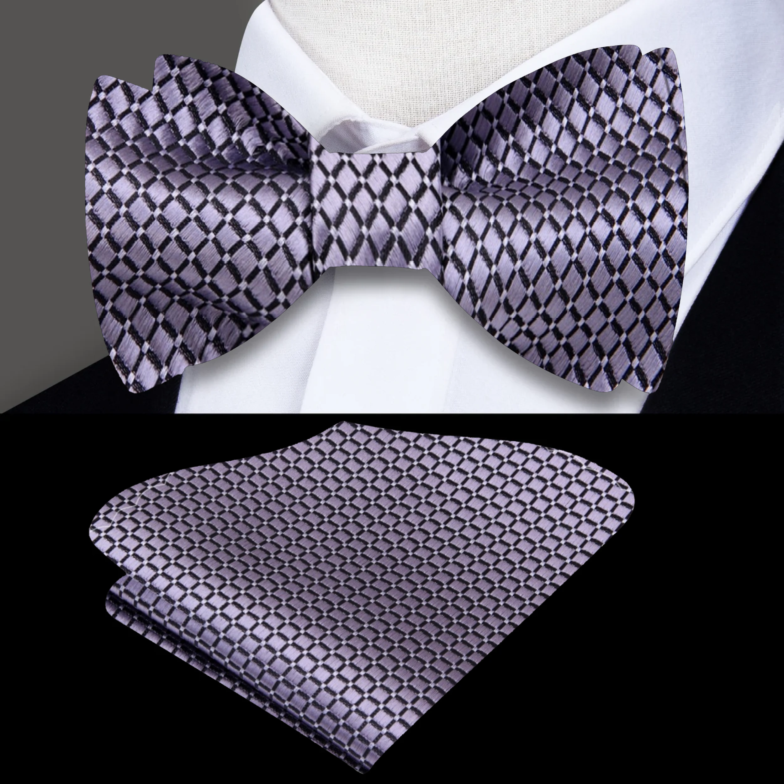 Close-up of a green small check silk bow tie paired with a blue dress shirt for a sophisticated look
