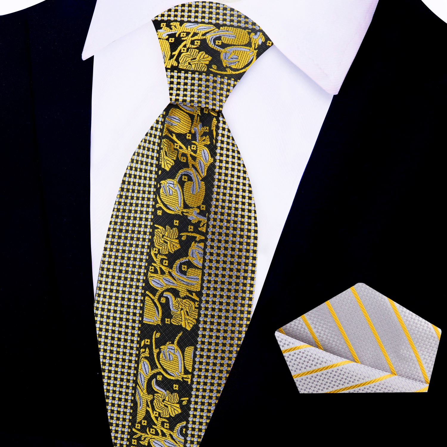 Close-up view of the elegant floral silk necktie with gold accents, showcasing intricate designs and colors.