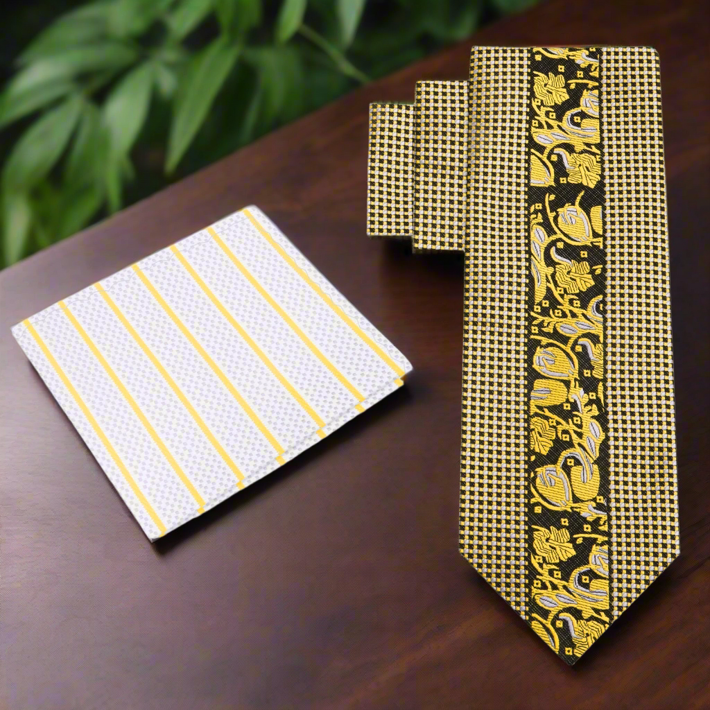 The luxury necktie displayed on a black suit, highlighting its suitability for upscale events and formal dinners.
