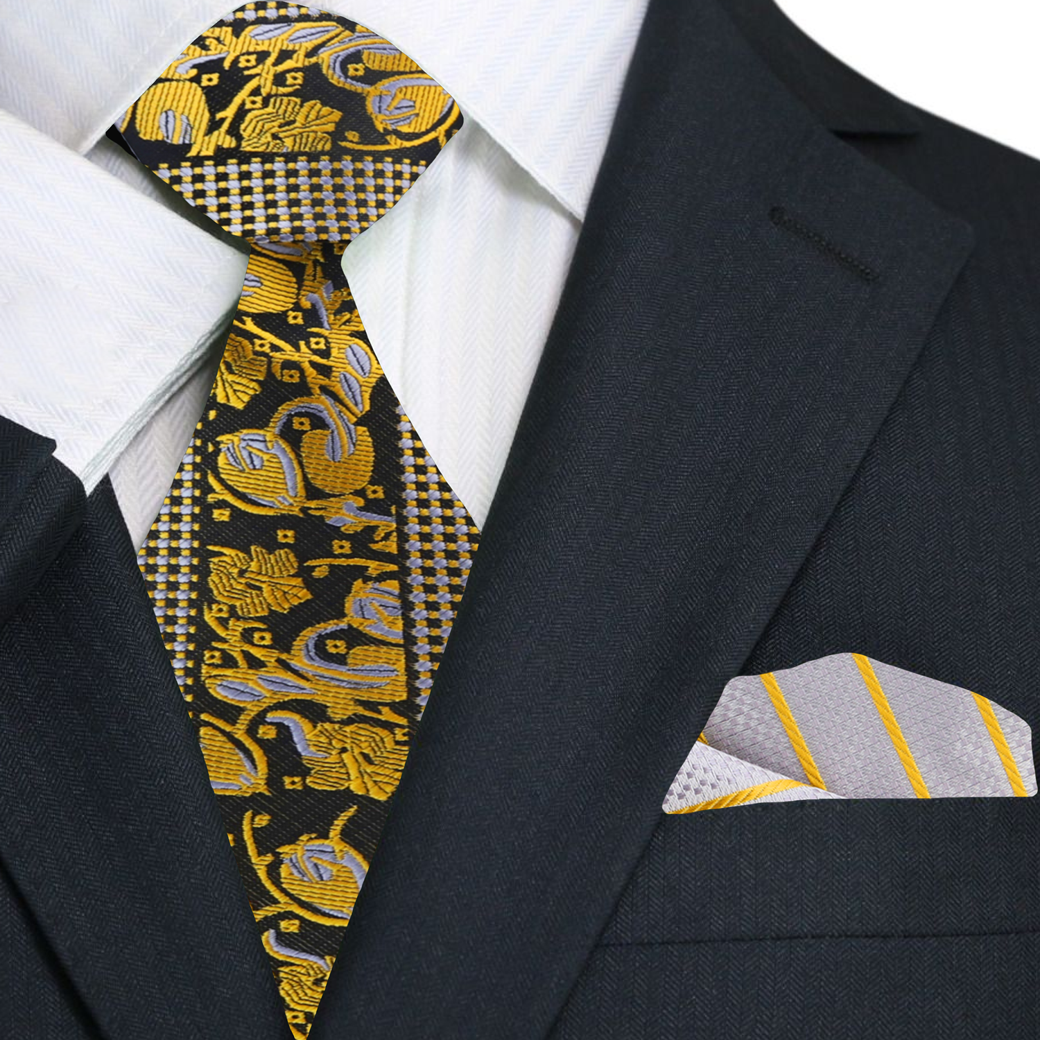 The luxury necktie displayed on a black suit, highlighting its suitability for upscale events and formal dinners.