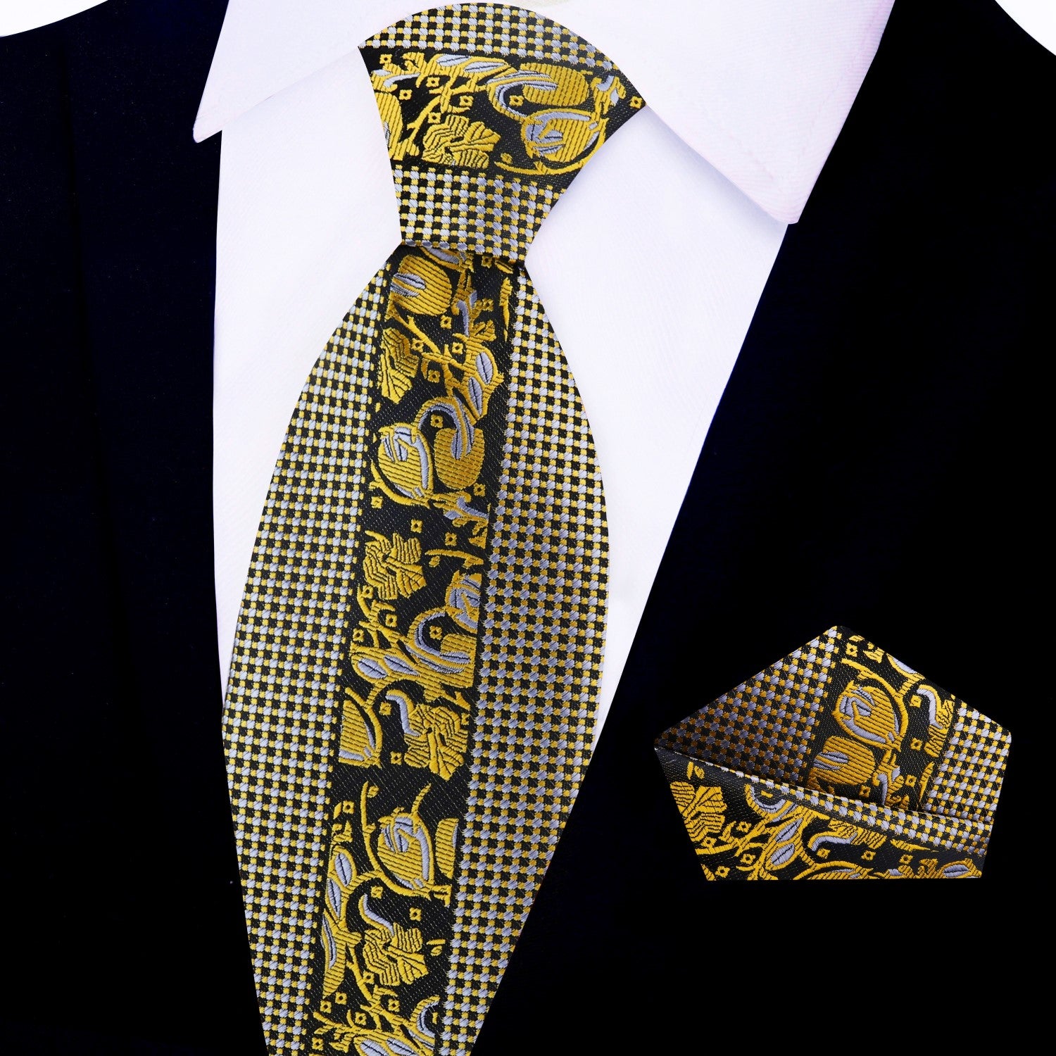 Close-up view of the elegant floral silk necktie with gold accents, showcasing intricate designs and colors.