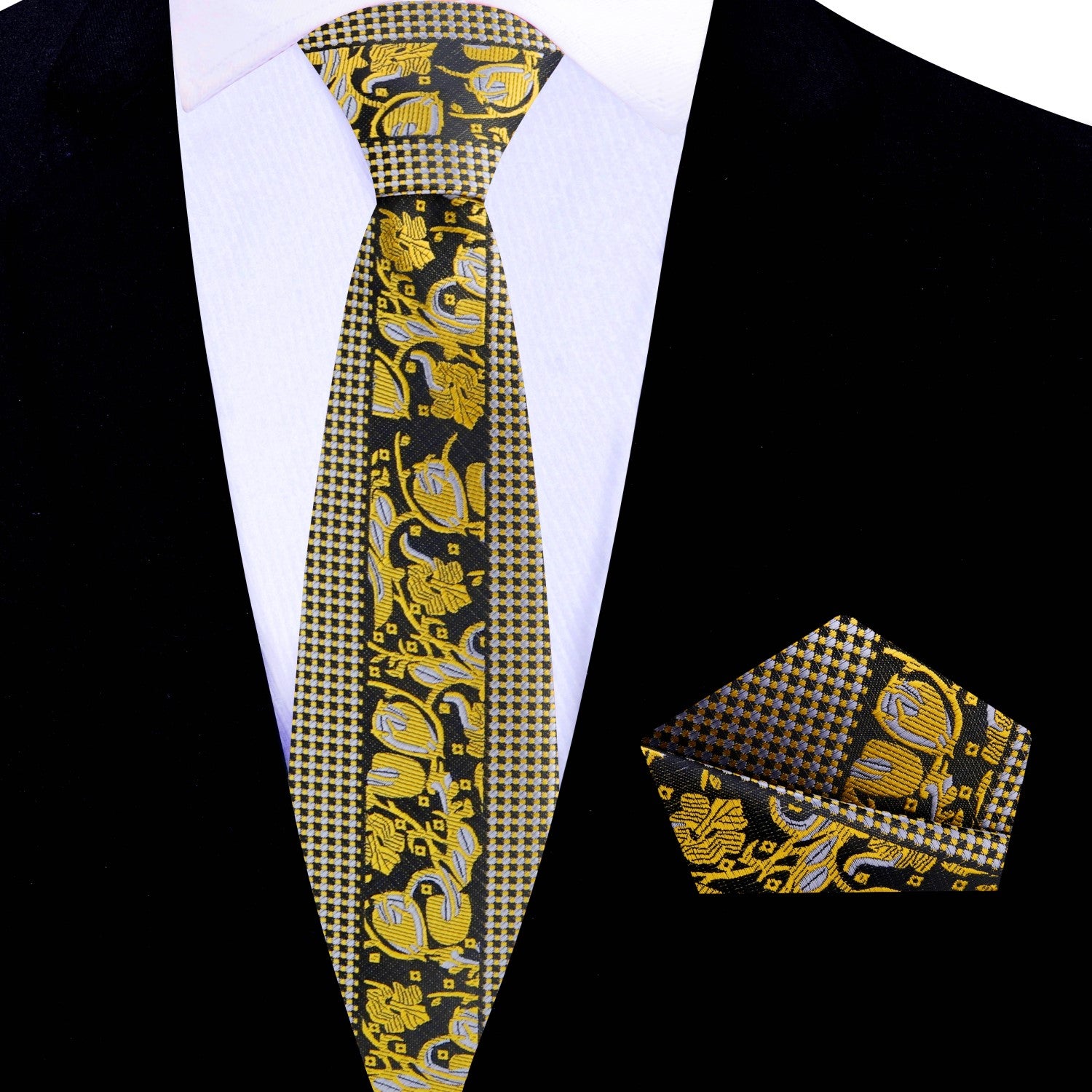 The luxury necktie displayed on a black suit, highlighting its suitability for upscale events and formal dinners.