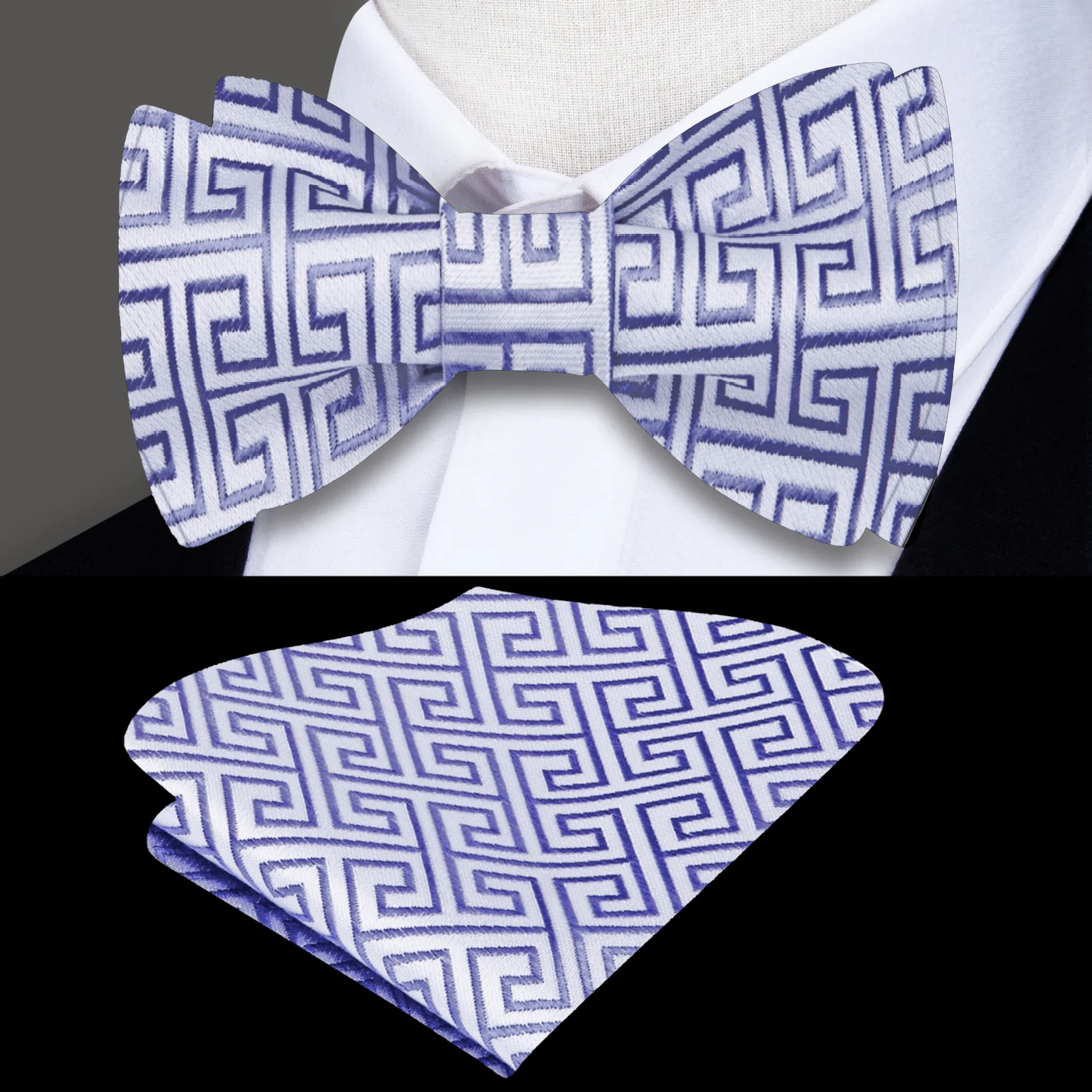 Close-up view of Egyptian silk self-tie bow tie set showcasing geometric design and colors.