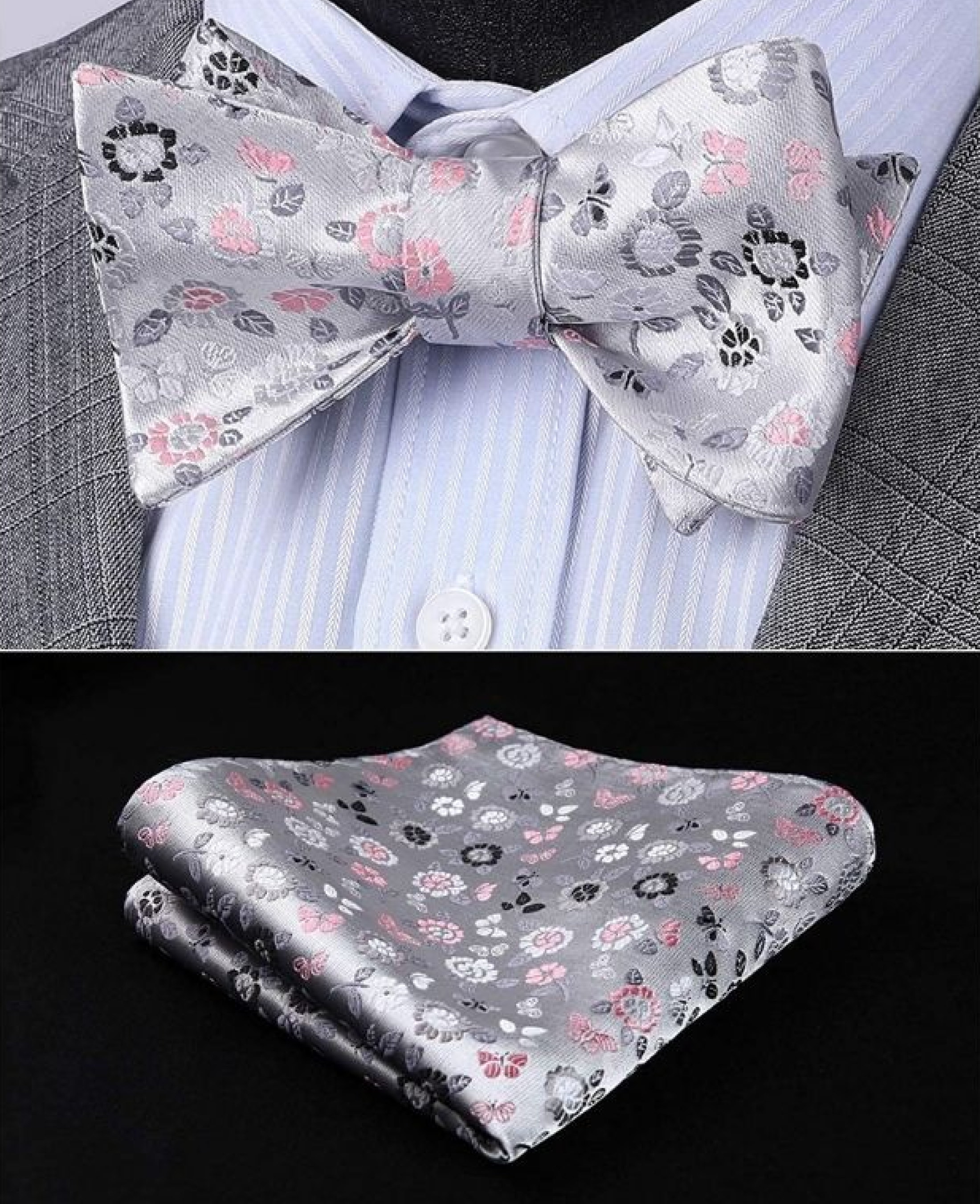 Elegant silk floral bow tie in black with pink and blue flowers, perfect for formal occasions.