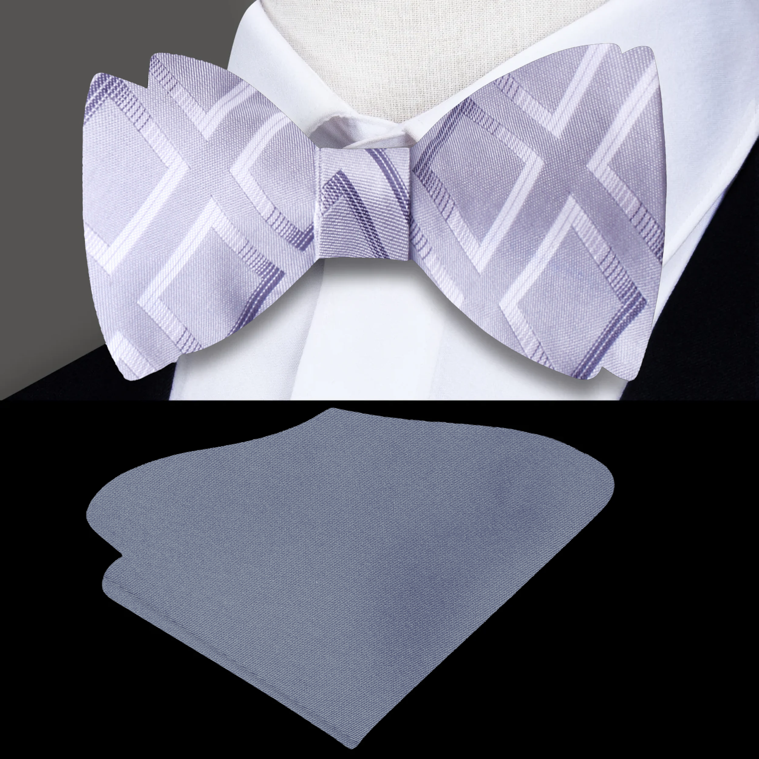 Elegant Grey and Black Geometric Silk Bow Tie from a side angle, perfect for weddings and formal events.