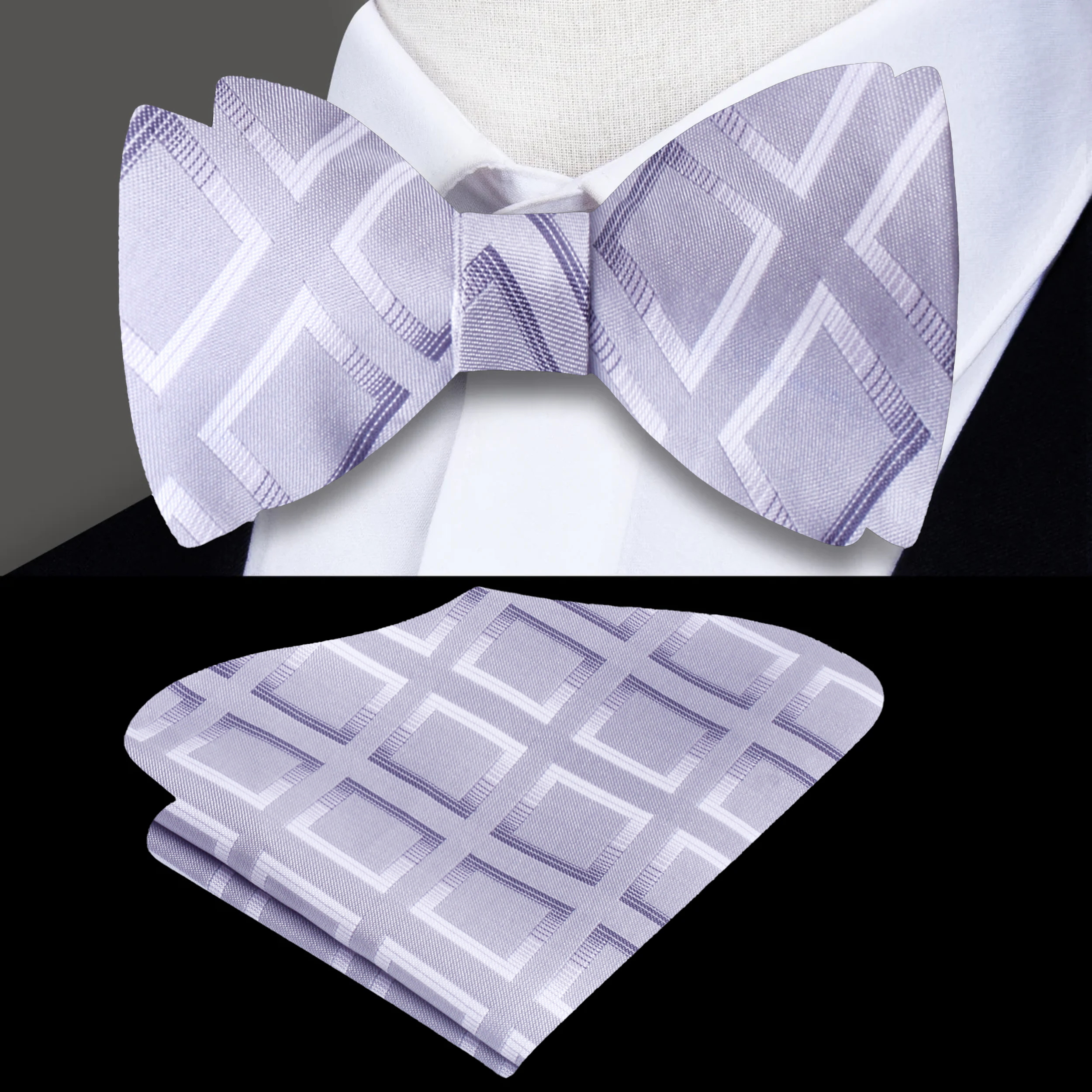 Close-up of the geometric pattern on the silk bow tie, highlighting its sophisticated design.