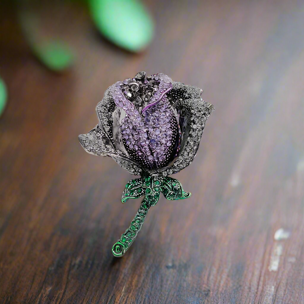 Rose lapel pin displayed with a navy blue suit, a perfect accessory for weddings.