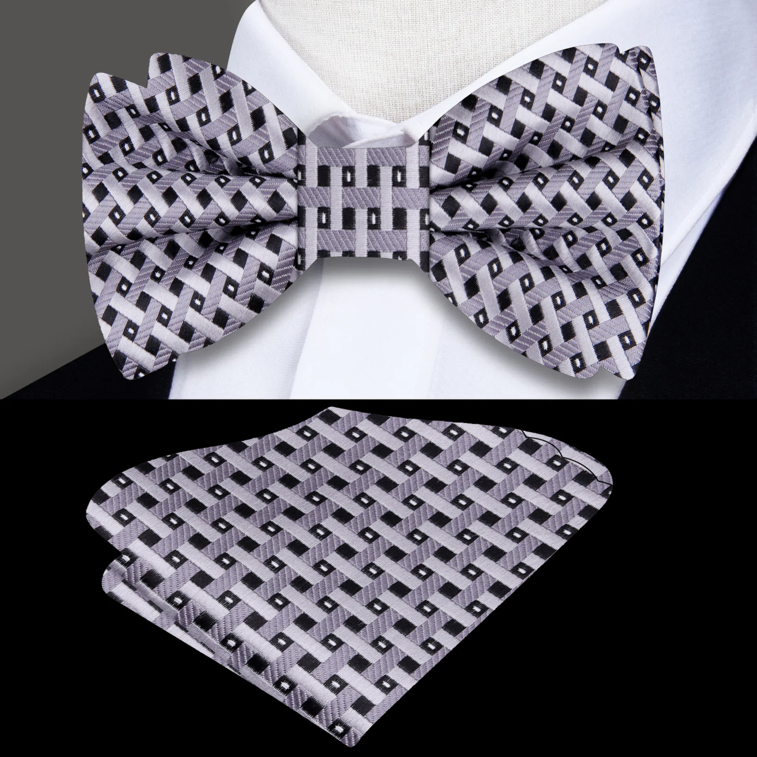 Close-up view of the metallic gold geometric bow tie against a black suit, showcasing its intricate design.