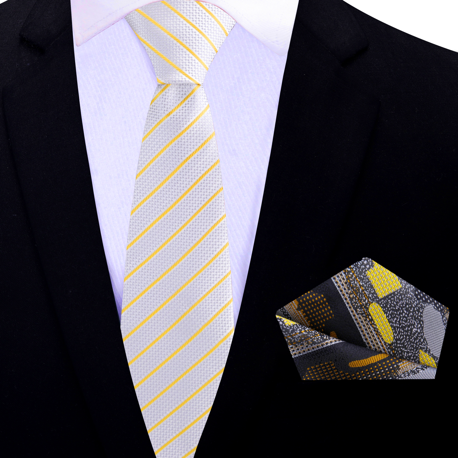 Elegant silver silk necktie with gold stripes on a model for wedding attire