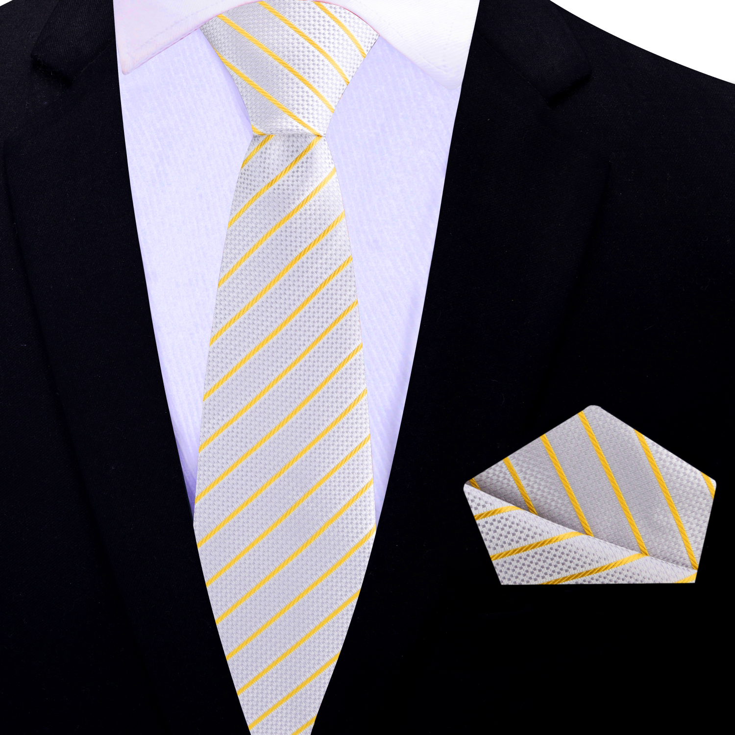 Men’s silk necktie with matching pocket square, suitable for upscale events