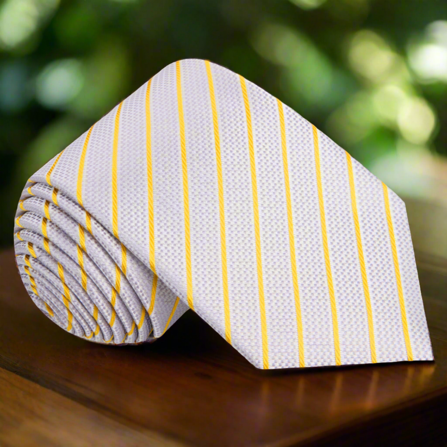 Elegant silver silk necktie with gold stripes on a model for wedding attire