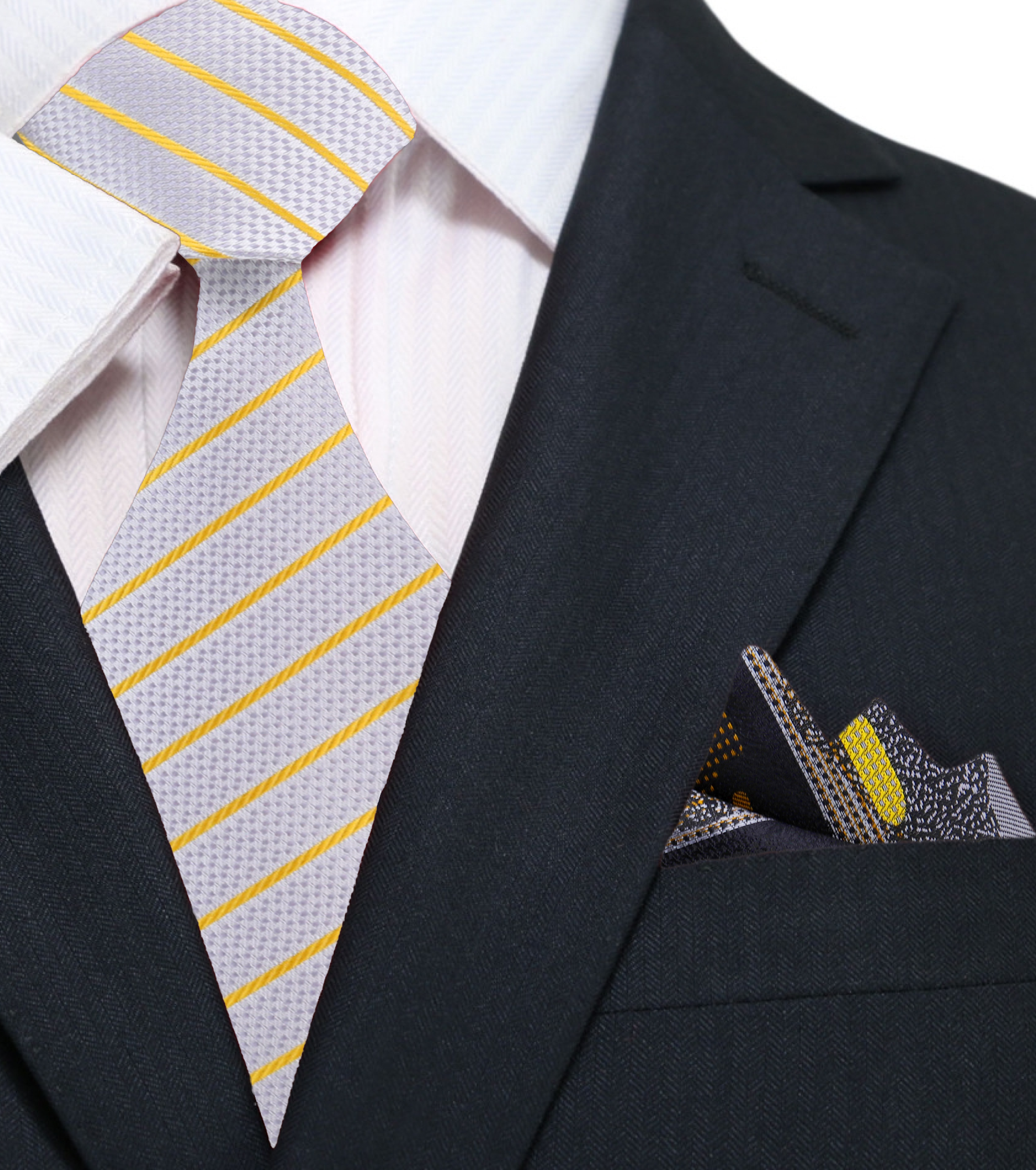 Men’s silk necktie with matching pocket square, suitable for upscale events